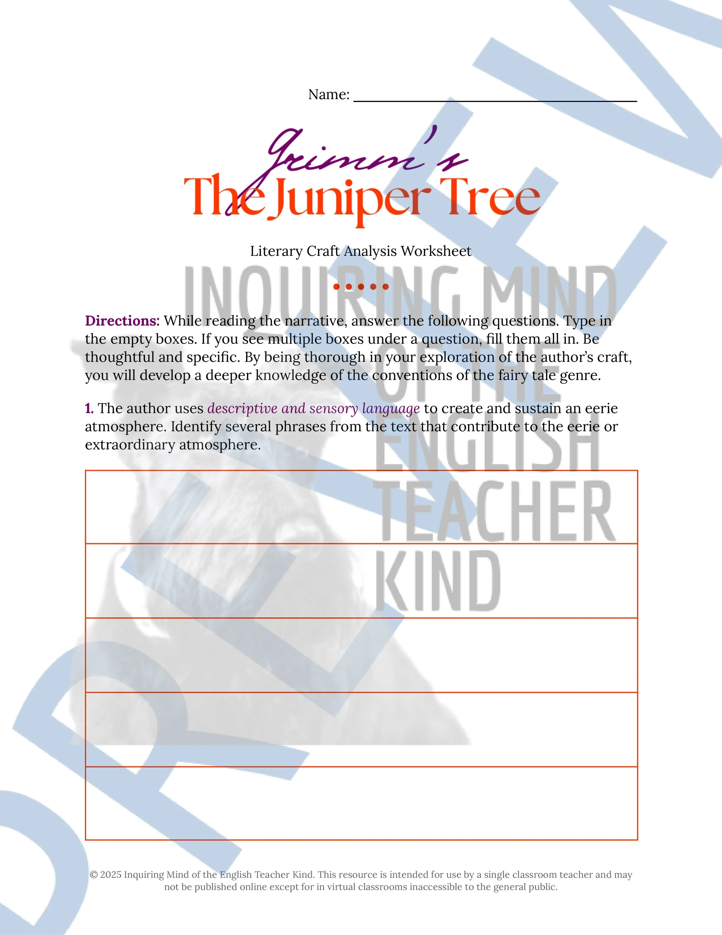"The Juniper Tree" Quiz, Worksheets, and Vocabulary Games (Grimm's Fairy Tale) from Inquiring Mind of the English Teacher Kind