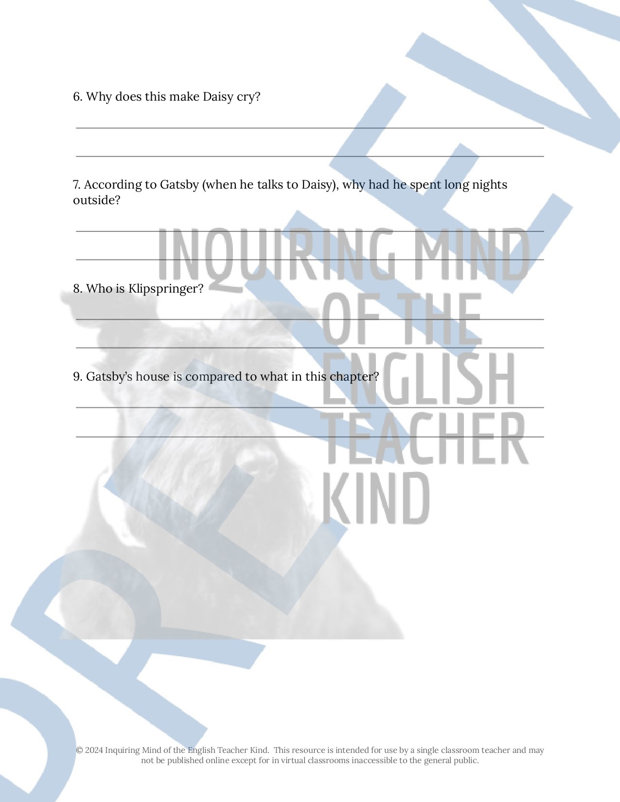 The Great Gatsby by F. Scott Fitzgerald Chapter 5 Quiz, Inference Worksheet, and Vocabulary Games for High School