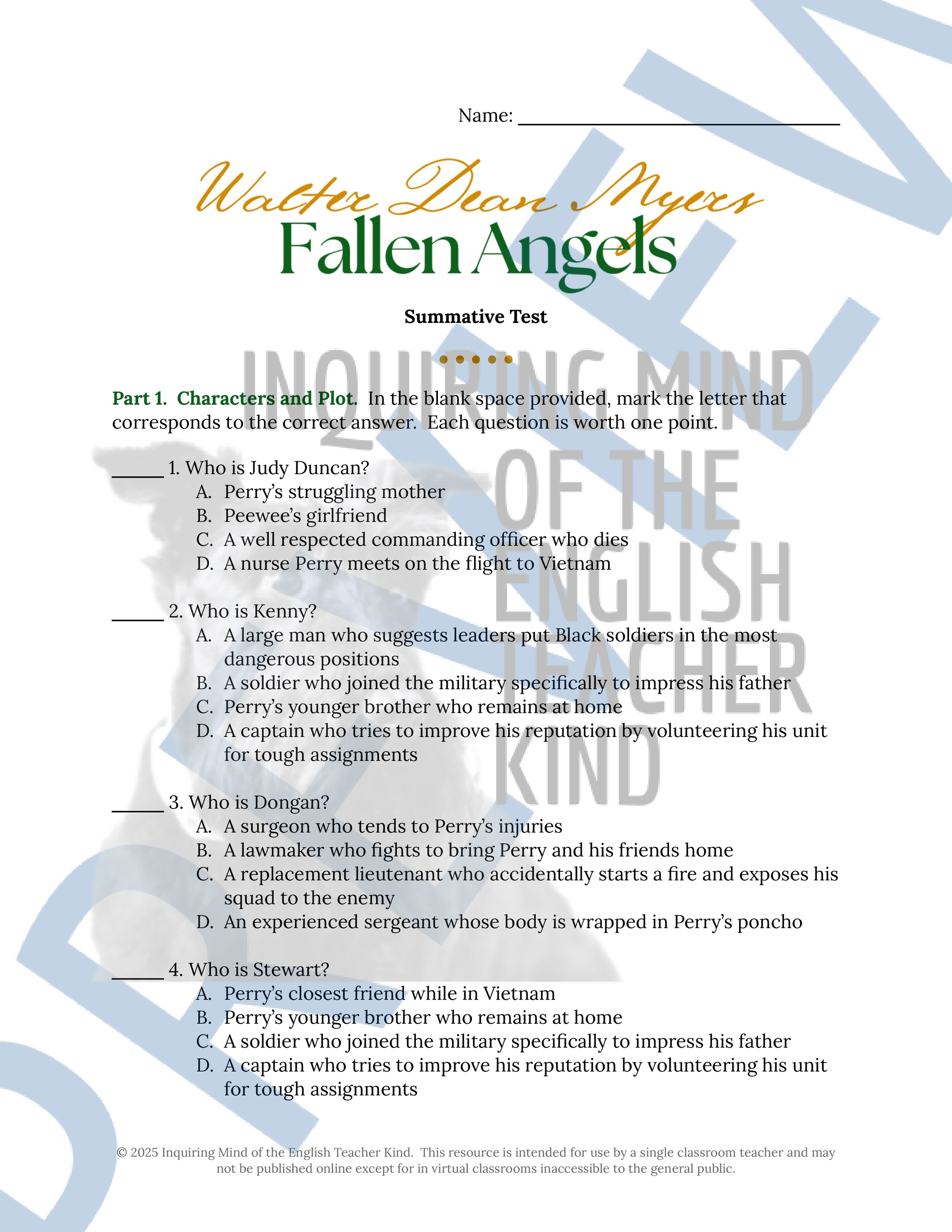 Fallen Angels Quizzes, Worksheets, Research Project, Test, and Answer Keys Mega Bundle from Inquiring Mind of the English Teacher Kind