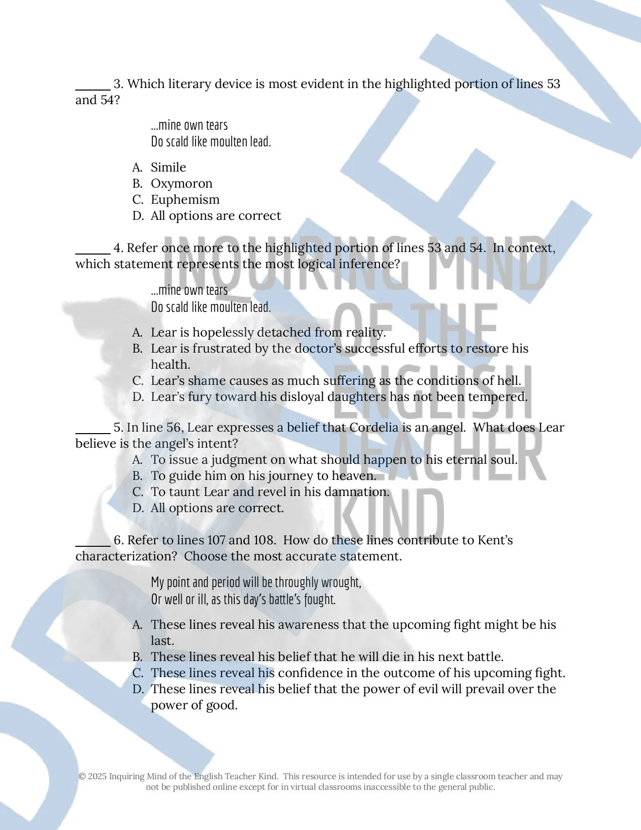 Shakespeare's King Lear Quizzes, Vocabulary Games, Inference Worksheets, Test, and Answer Keys for High School by Inquiring Mind of the English Teacher Kind