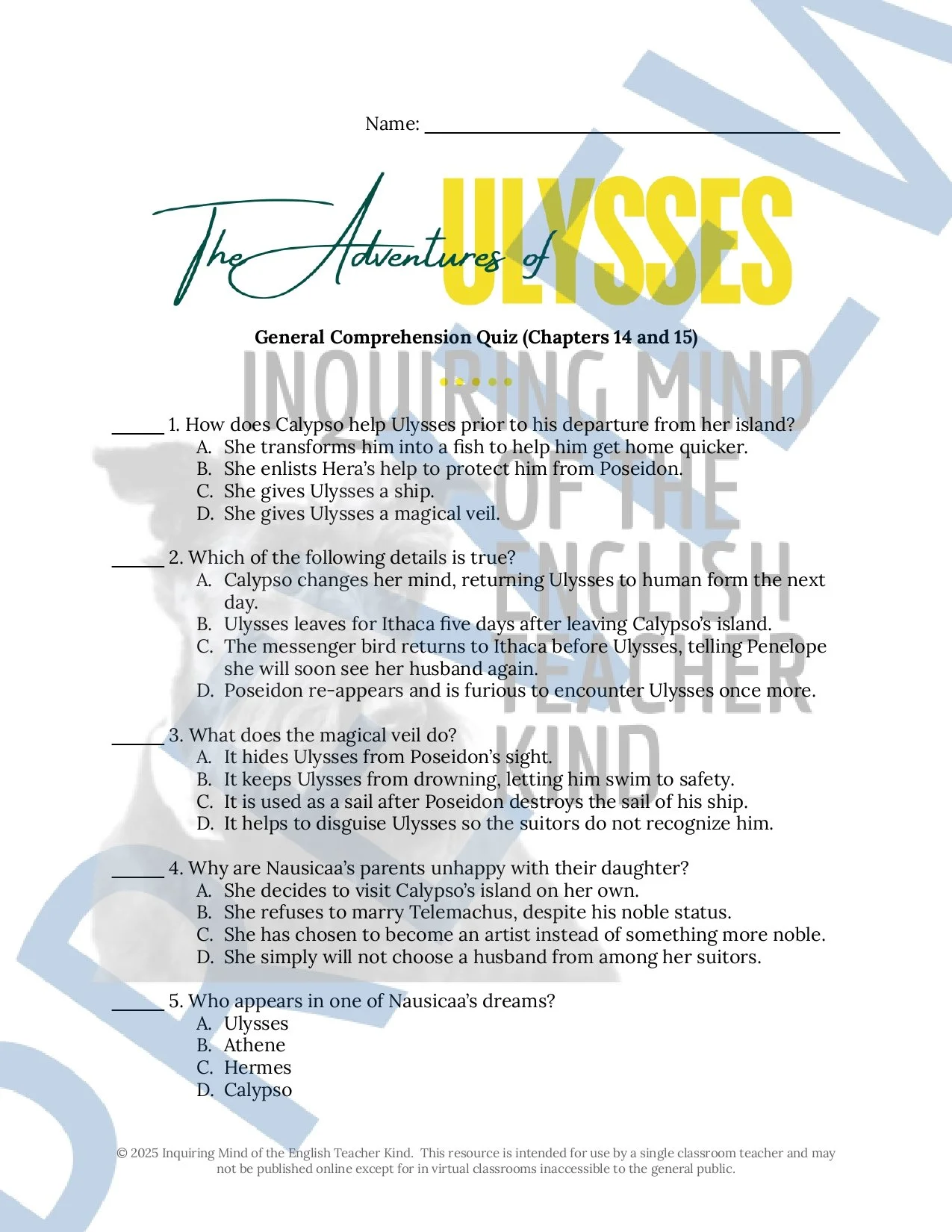 The Adventures of Ulysses by Bernard Evslin Quizzes, Inference Worksheets, Vocabulary Games, Test, and Keys for Middle and High School English Language Arts (Bundle)
