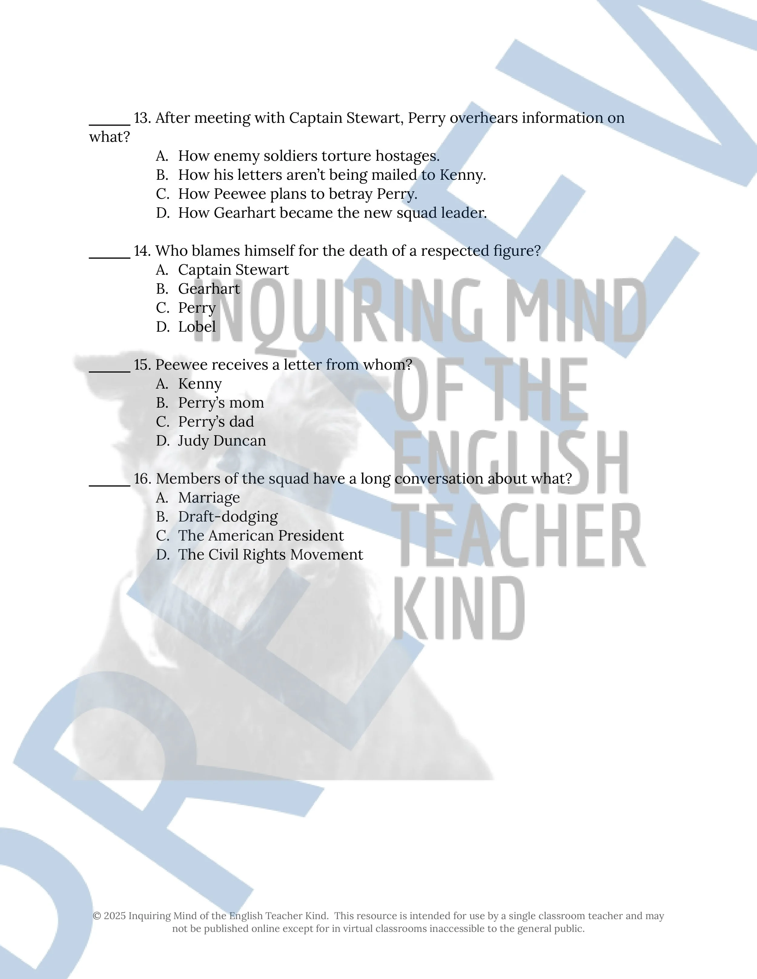 Fallen Angels by Walter Dean Myers Quiz and Answer Key Bundle for High School English Language Arts from Inquiring Mind of the English Teacher Kind
