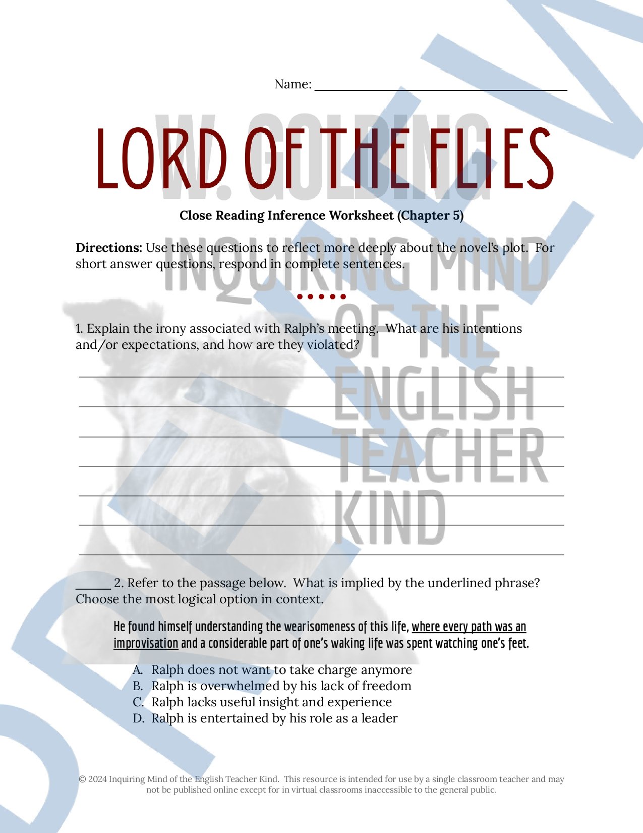 Lord of the Flies Chapter 5 Quiz, Inference Worksheet, and Vocabulary Games for High School English Language Arts