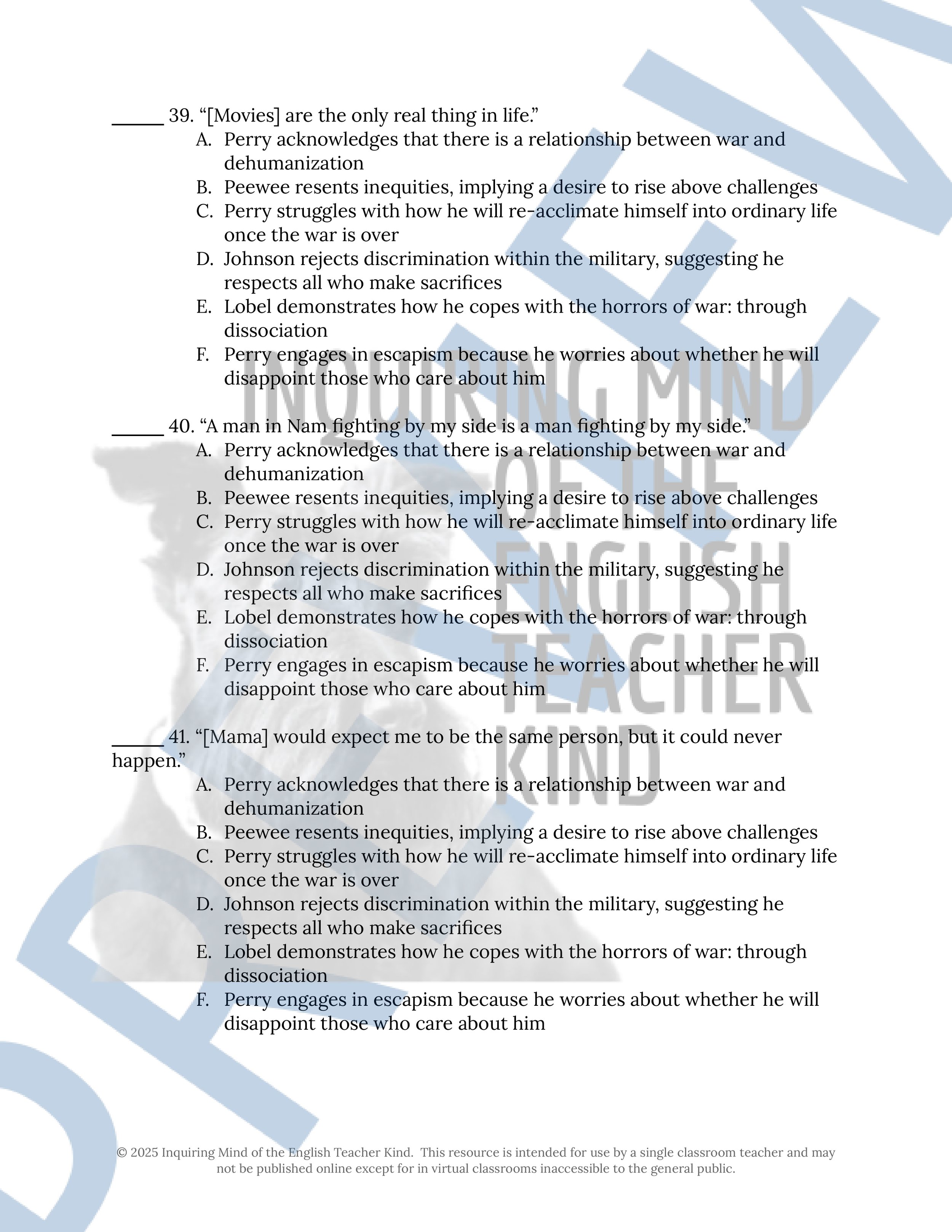 Fallen Angels Quizzes, Worksheets, Research Project, Test, and Answer Keys Mega Bundle from Inquiring Mind of the English Teacher Kind