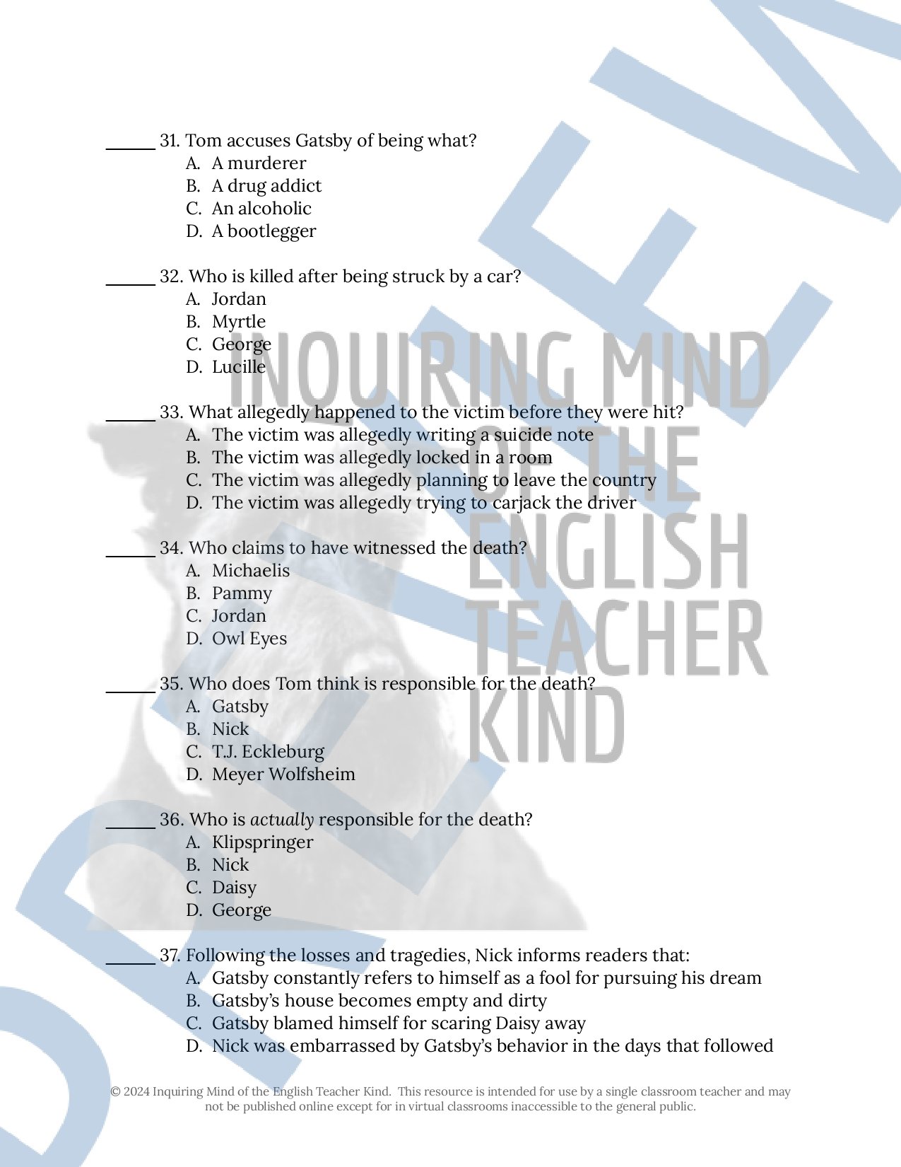 The Great Gatsby by F. Scott Fitzgerald Test, Answer Key, and Study Guide for High School