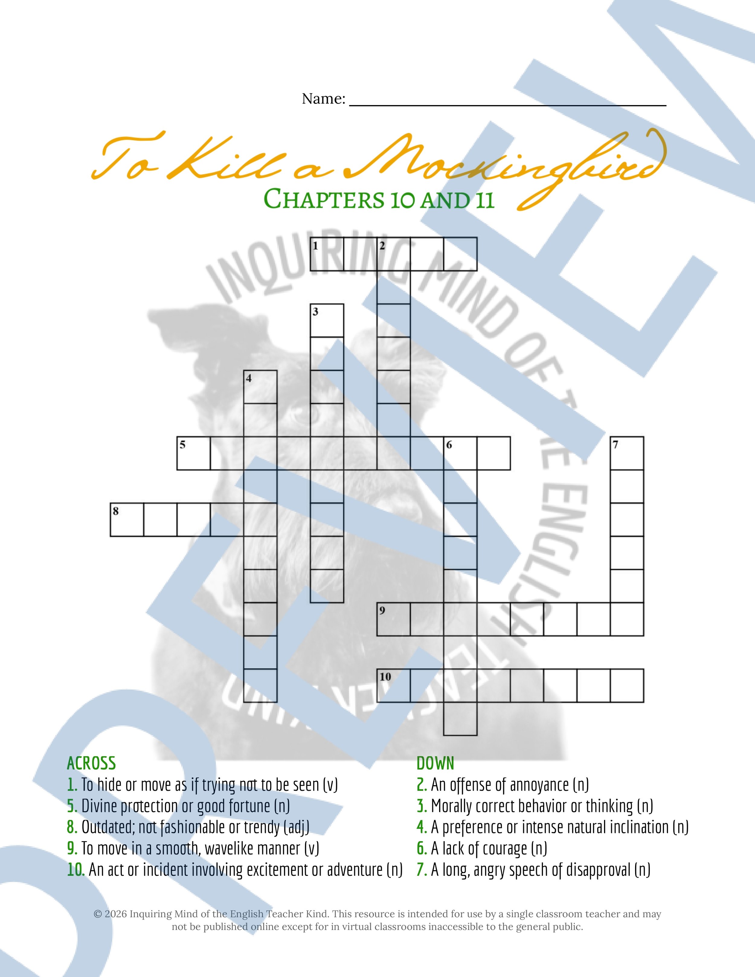 To Kill a Mockingbird Chapters 10 and 11 Vocabulary Worksheet, Crossword Puzzle, and Word Search Game for High School ELA (3).jpg