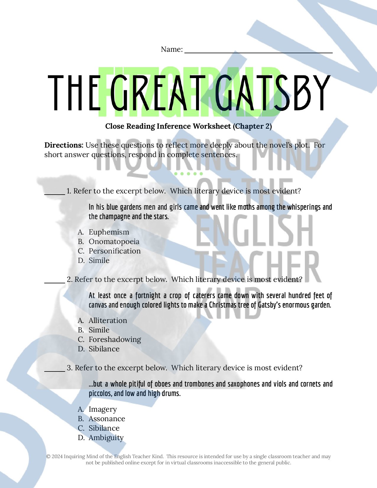 The Great Gatsby by F. Scott Fitzgerald Close Reading Inference Worksheets for High School