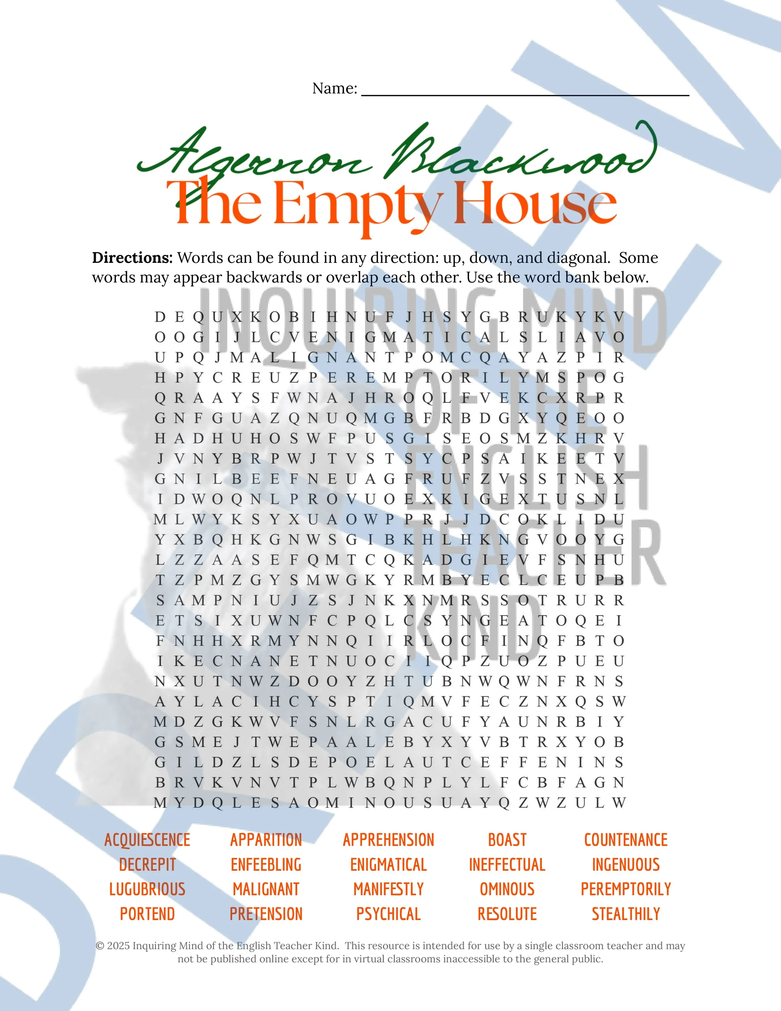 "The Empty House" by Algernon Blackwood Quiz, Analysis Worksheet, Vocabulary Games, and Halloween Ghost Story from Inquiring Mind of the English Teacher Kind