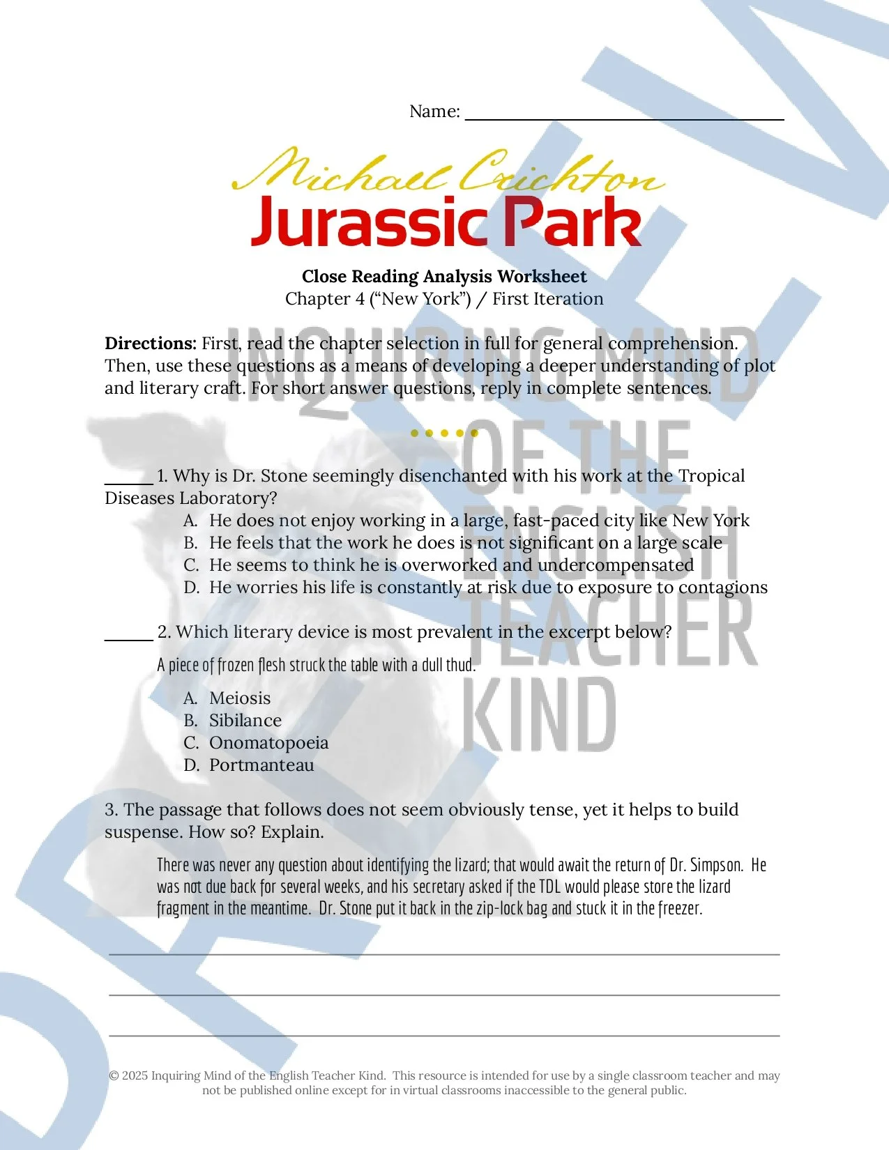 Jurassic Park by Michael Crichton Quizzes, Close Reading Analysis Worksheets, Vocabulary Games, Research Project, Test, and Answer Keys for High School from Inquiring Mind of the English Teacher Kind