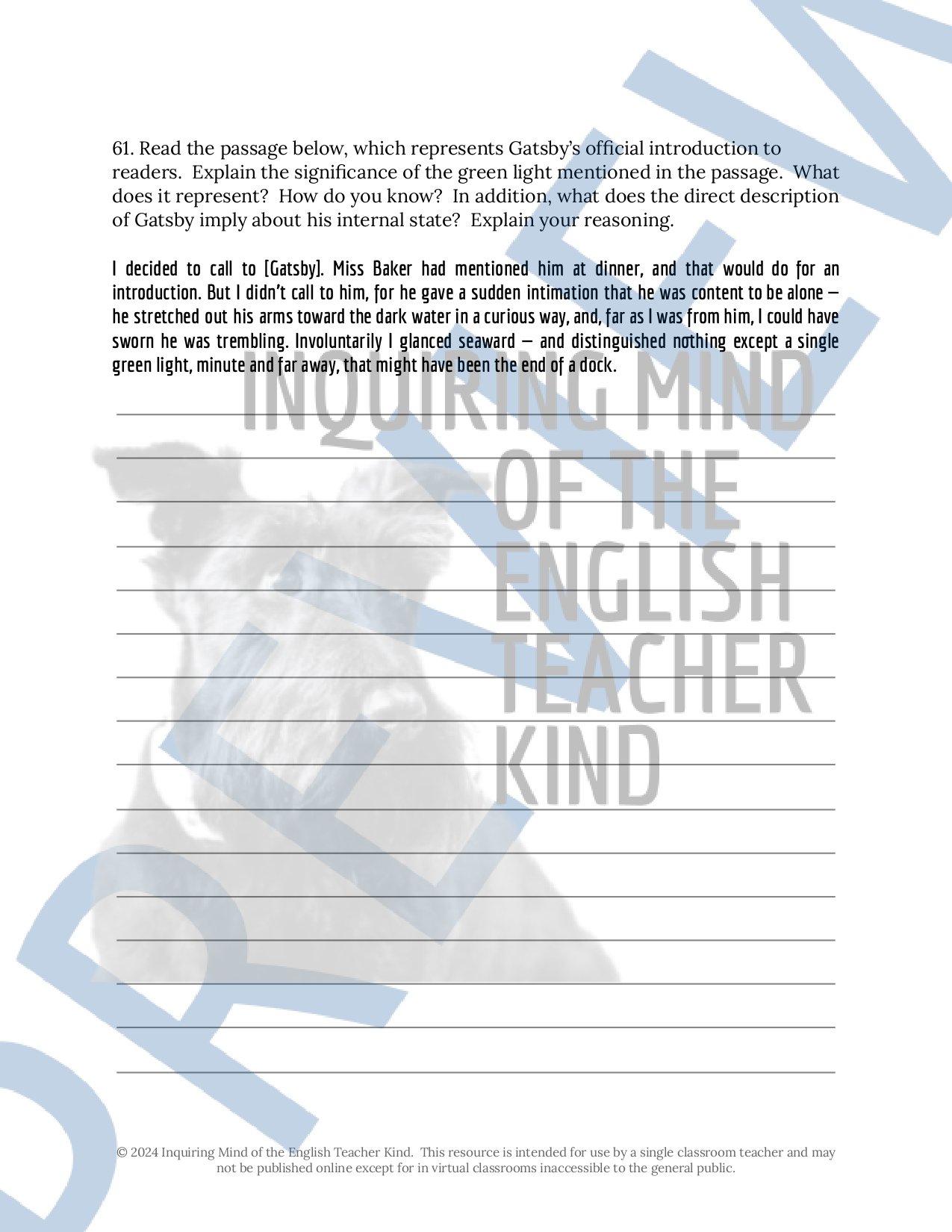 The Great Gatsby by F. Scott Fitzgerald Test, Answer Key, and Study Guide for High School