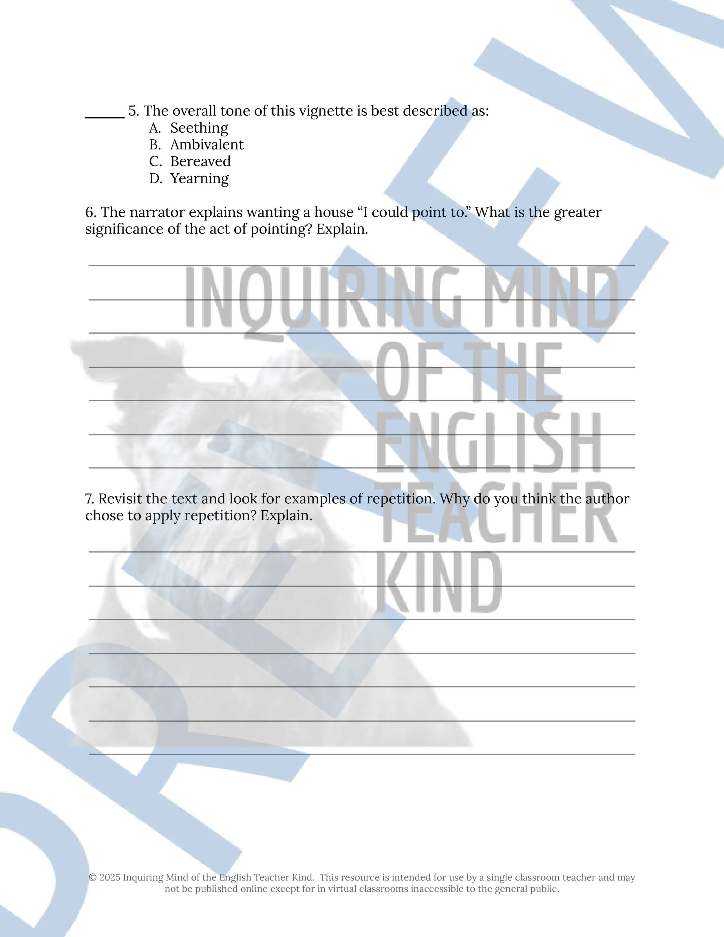The House on Mango Street Close Reading Analysis Worksheets and Answer ...