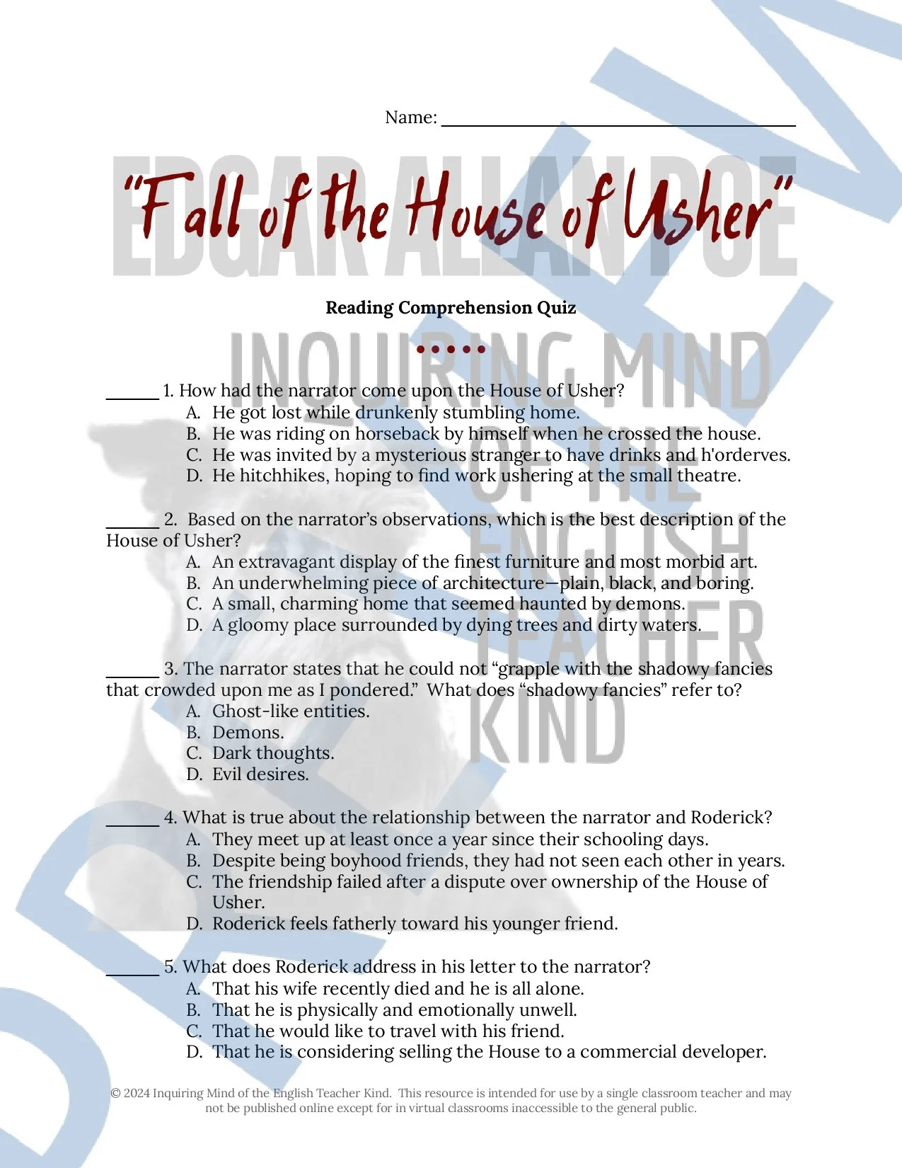 quot The Fall of the House of Usher quot Quiz Close Reading Inference