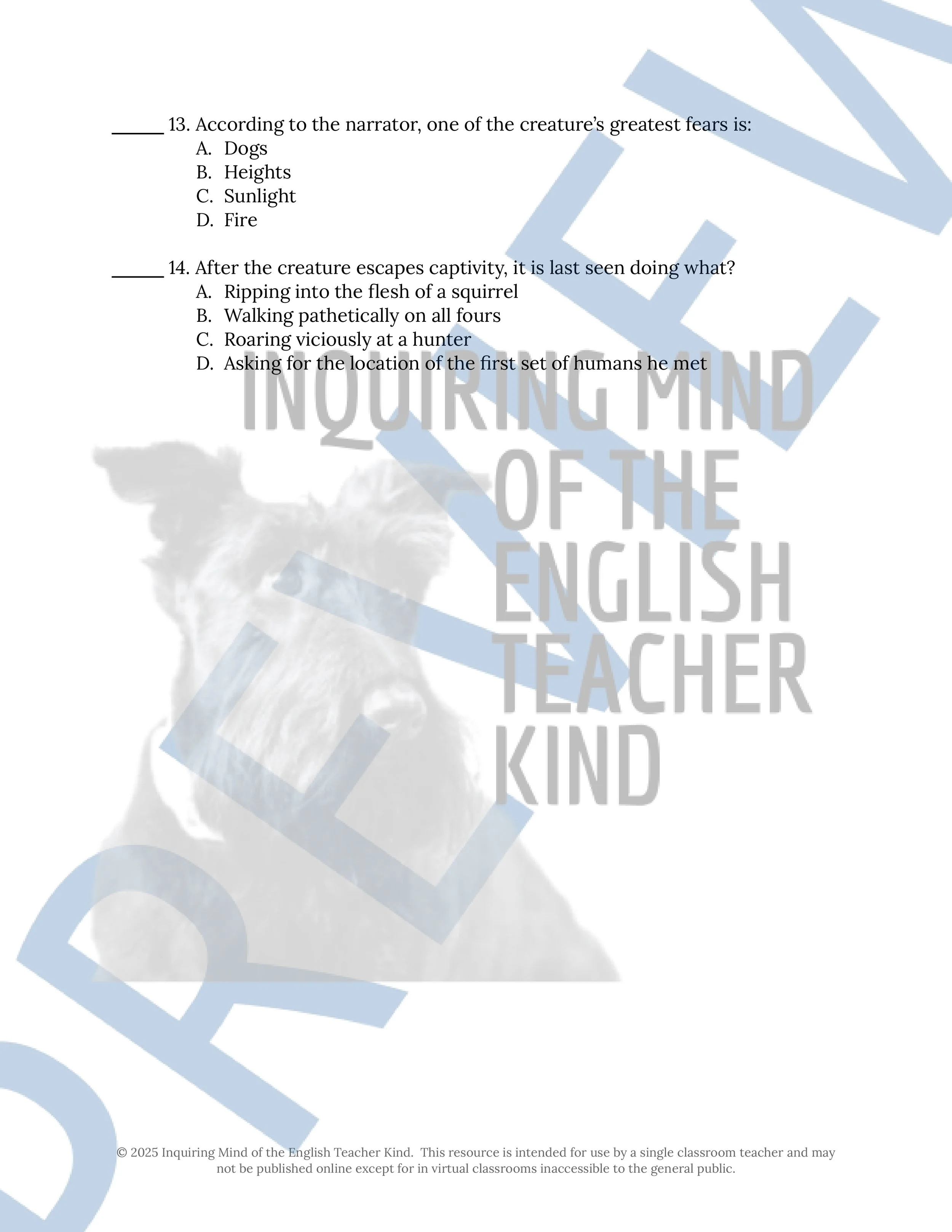 "The Star Beast" by Nicholas Stuart Gray Quiz, Close Reading Analysis Worksheet, Vocabulary Games, and Answer Keys for High School from Inquiring Mind of the English Teacher Kind