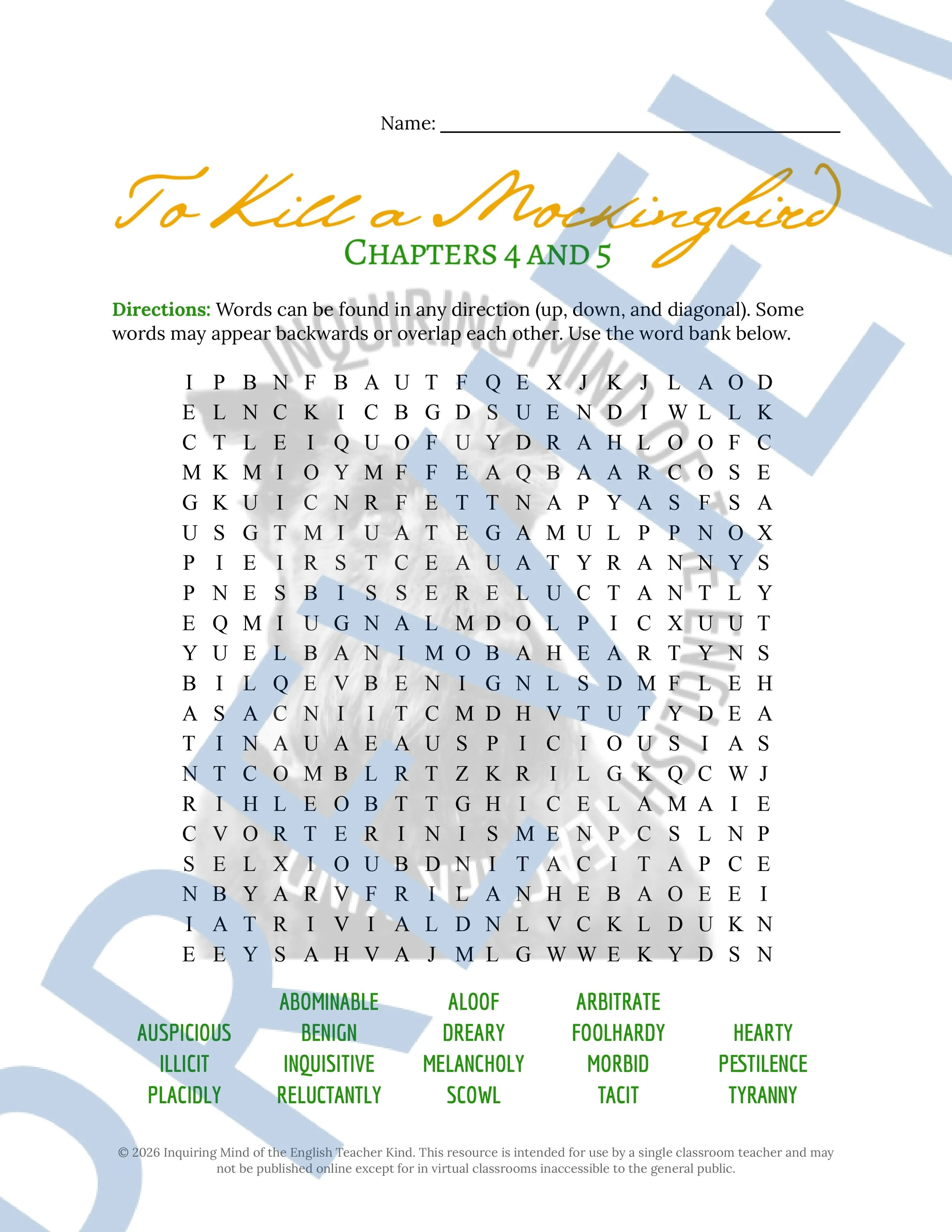 To Kill a Mockingbird Chapters 4 and 5 Vocabulary Worksheet, Crossword Puzzle, and Word Search Game for High School ELA (4).jpg