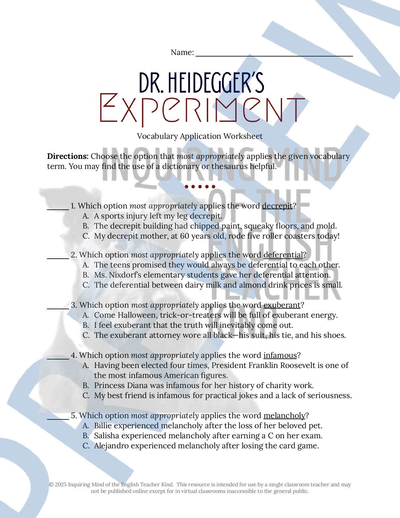 "Dr. Heidegger's Experiment" Quiz, Inference Worksheet, and Vocabulary Games from Inquiring Mind of the English Teacher Kind