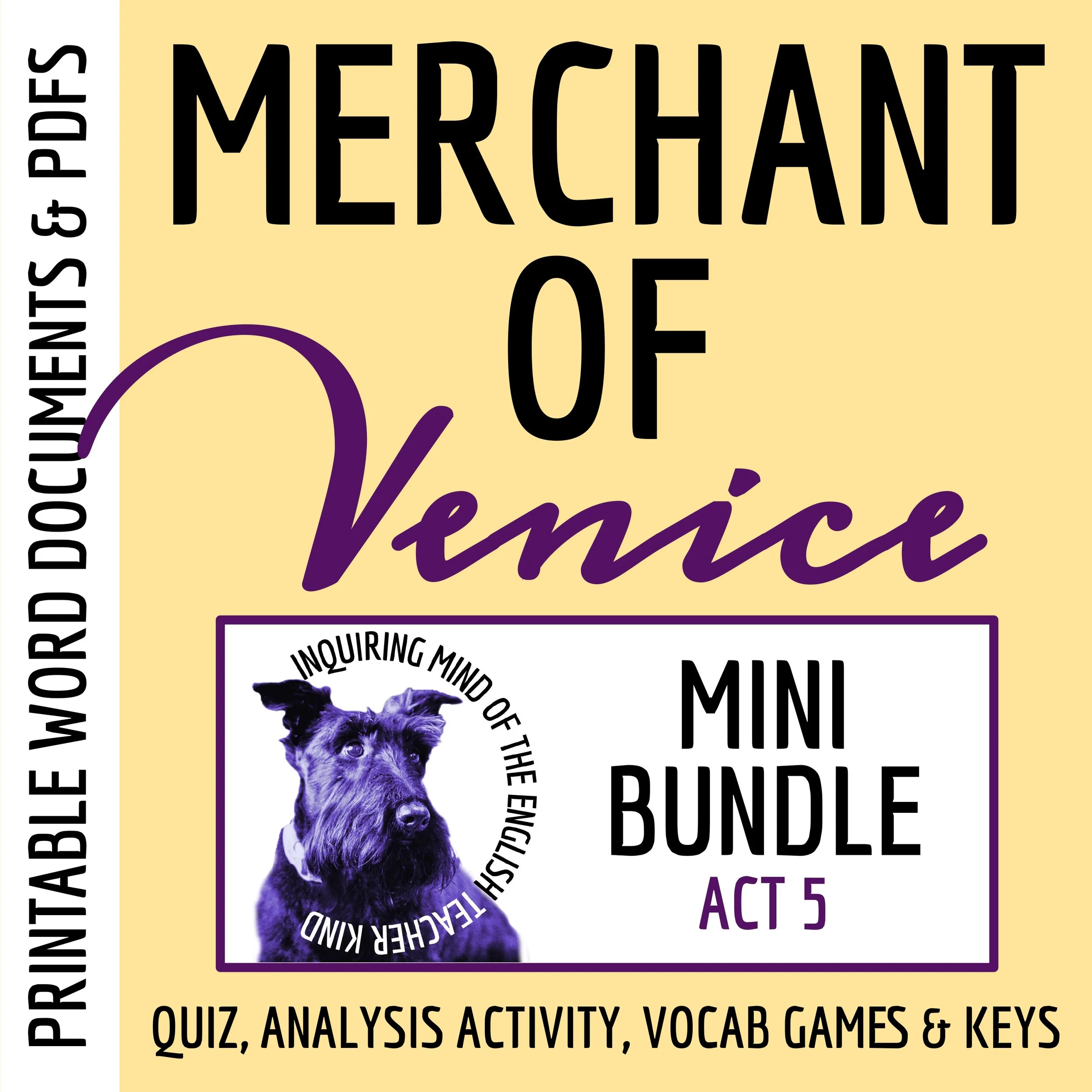The Merchant of Venice Act 5 Quiz, Analysis Worksheet, Vocabulary Activities, and Answer Keys