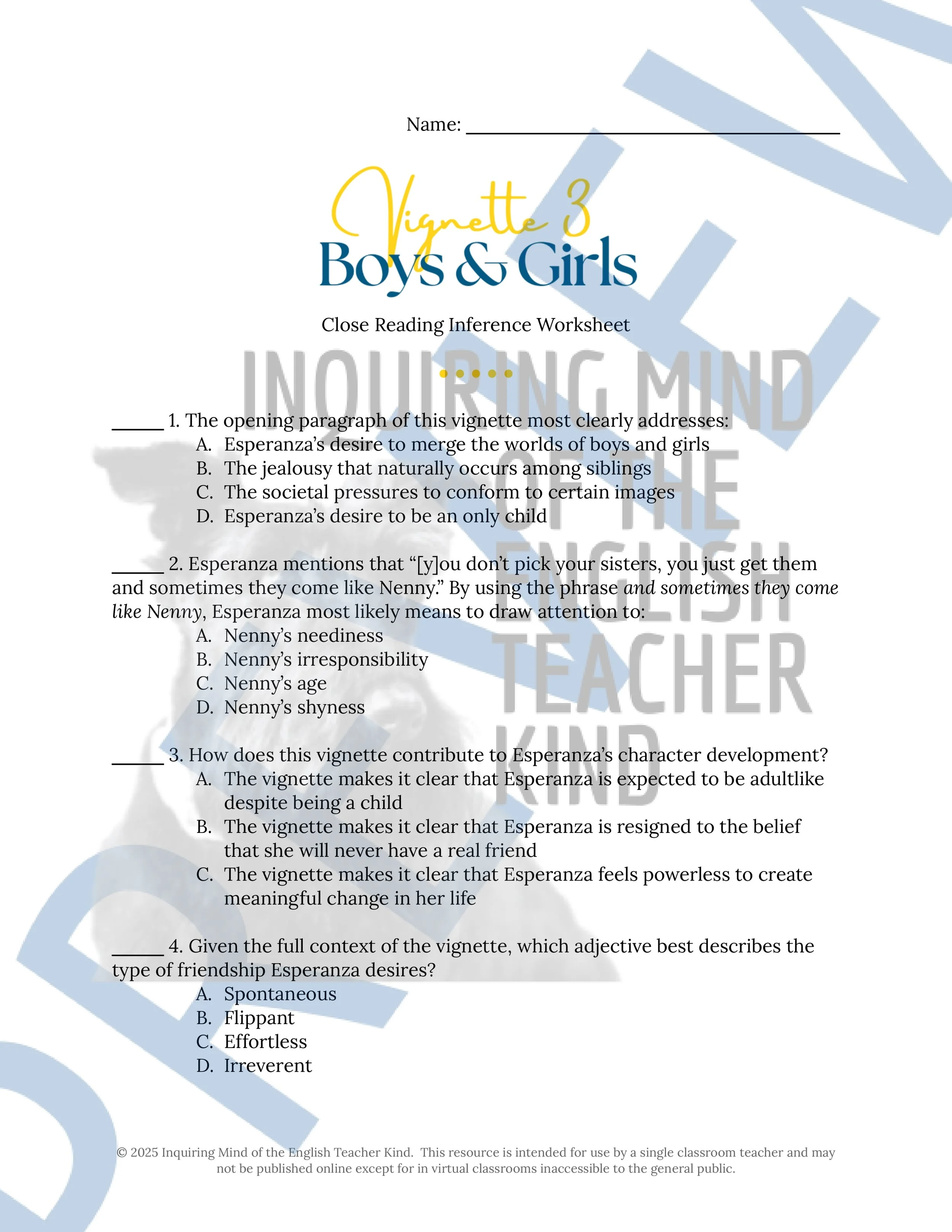 The House on Mango Street Quiz and Close Reading Analysis Worksheets Bundle for Vignettes 1, 2, 3, and 4 from Inquiring Mind of the English Teacher Kind