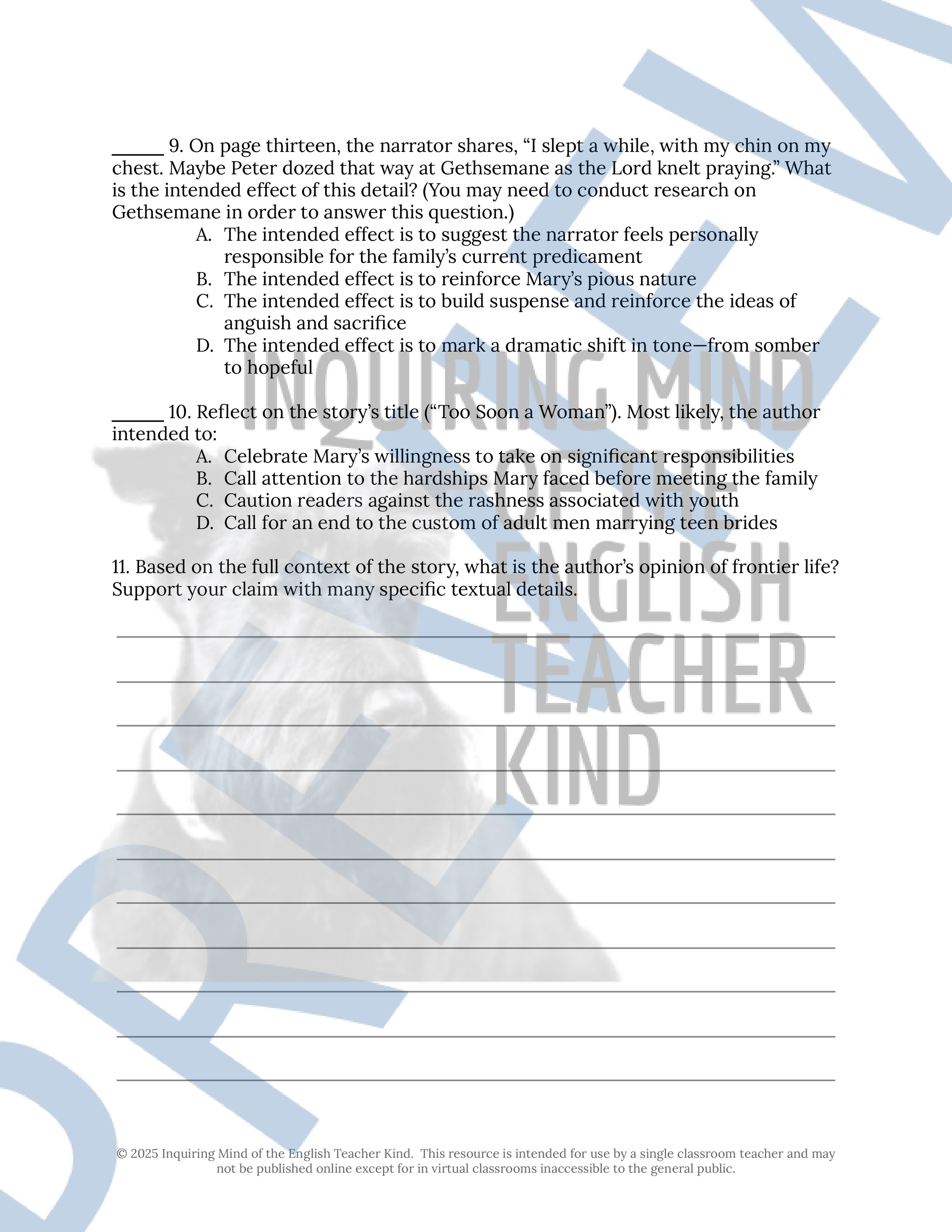 "Too Soon a Woman" by Dorothy Johnson Quiz, Close Reading Analysis Worksheet, Vocabulary Activities, and Answer Keys for High School from Inquiring Mind of the English Teacher Kind