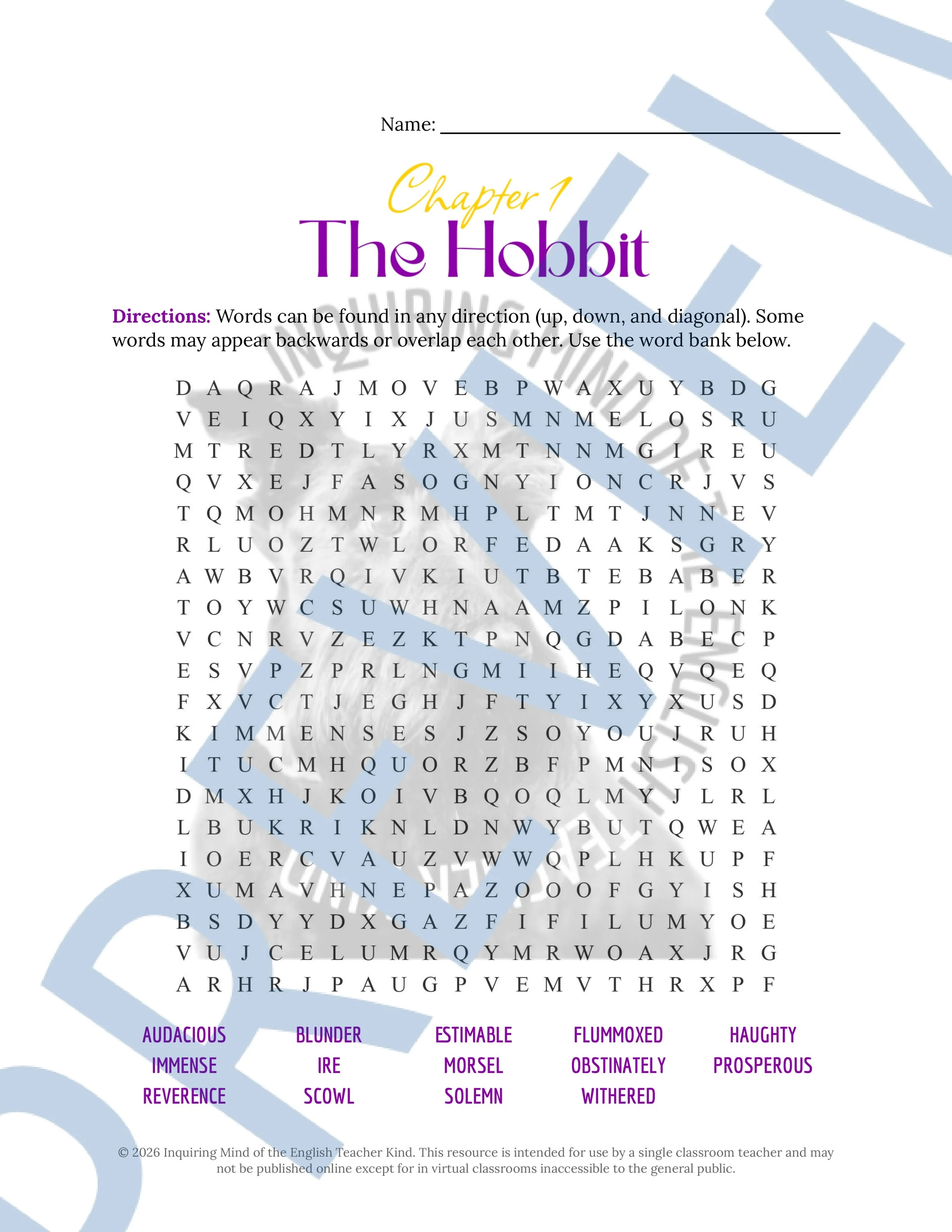 The Hobbit Chapter 1 Vocabulary Activities Crossword Puzzle Word Search Worksheet (4).jpg