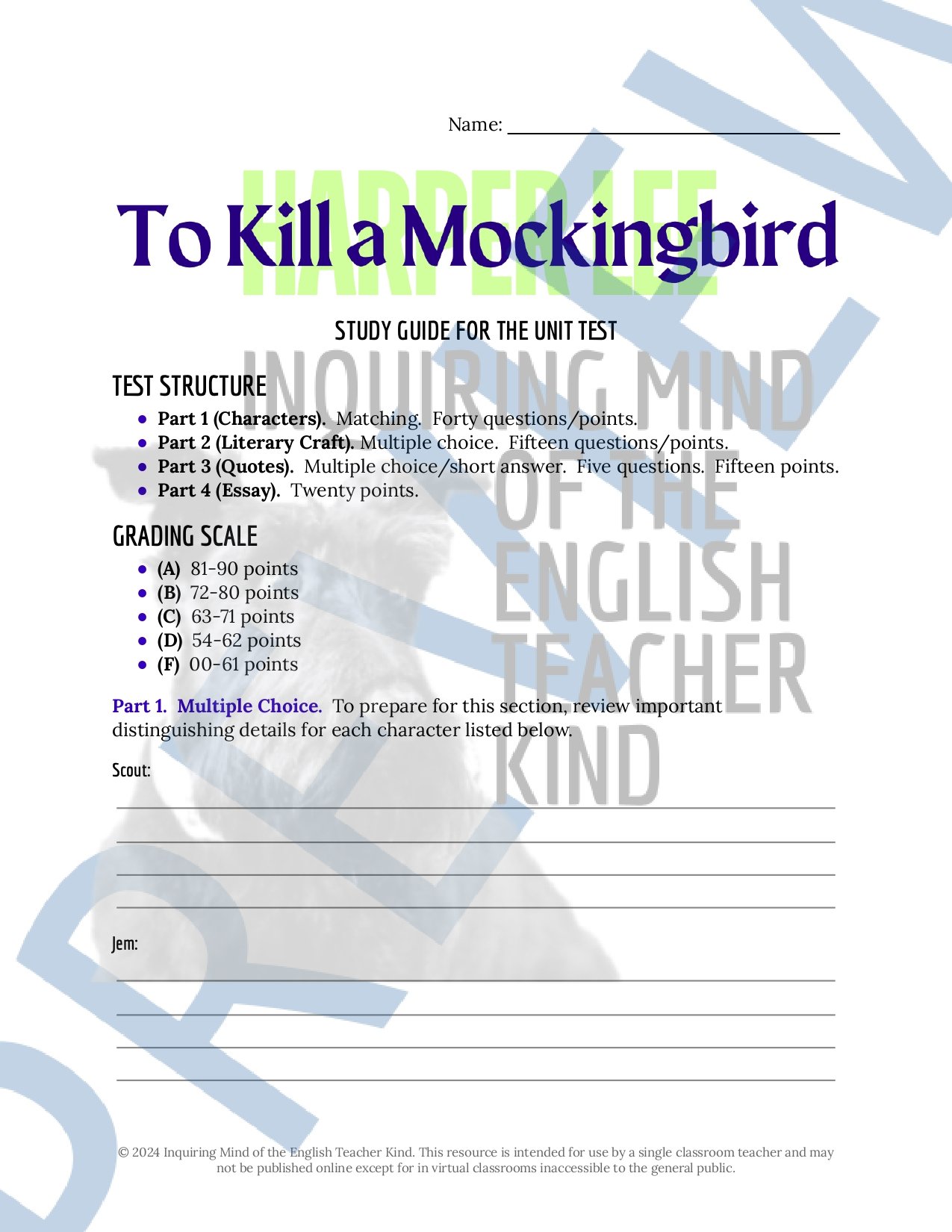 To Kill a Mockingbird Test and Answer Key with Study Guide for High School English Language Arts