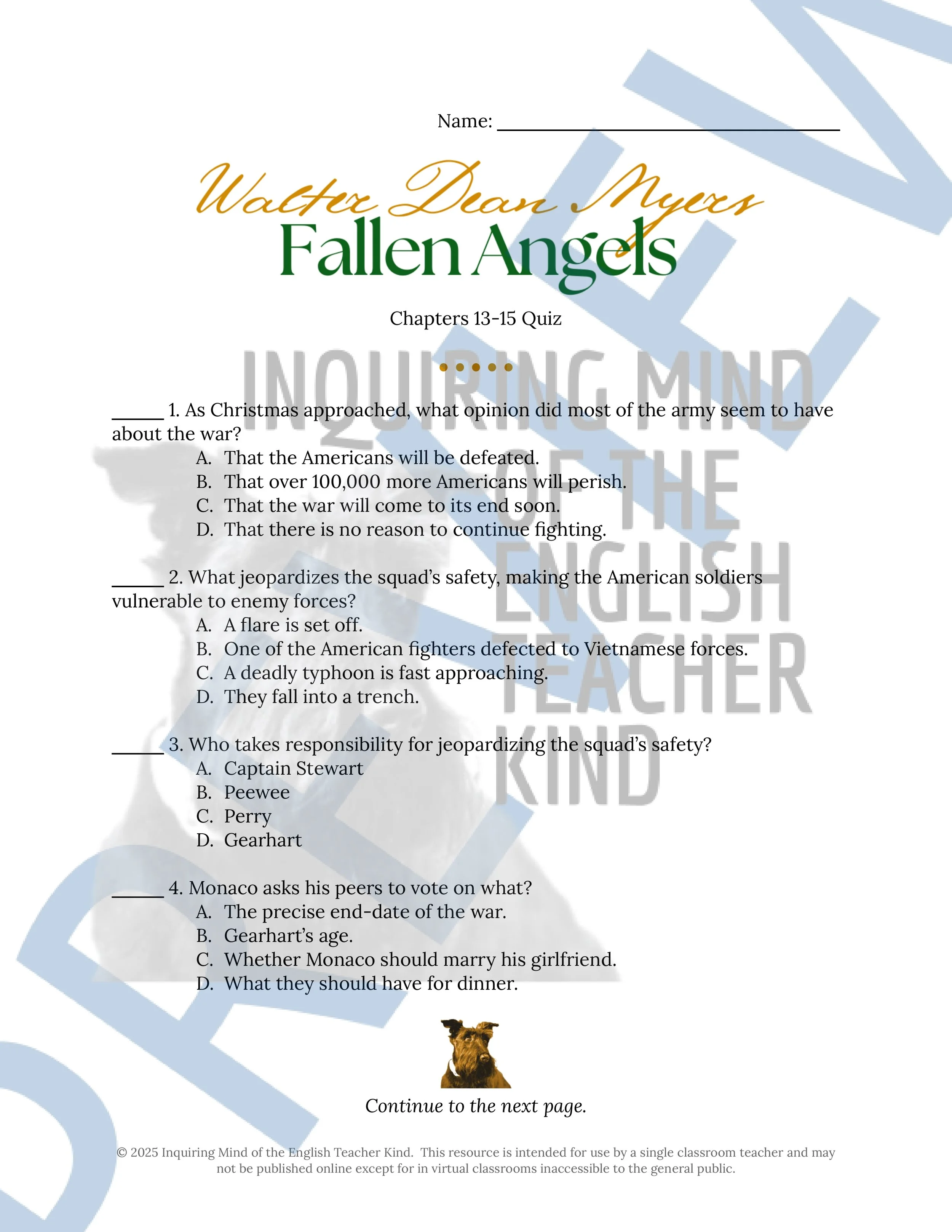 Fallen Angels by Walter Dean Myers Quiz and Answer Key Bundle for High School English Language Arts from Inquiring Mind of the English Teacher Kind