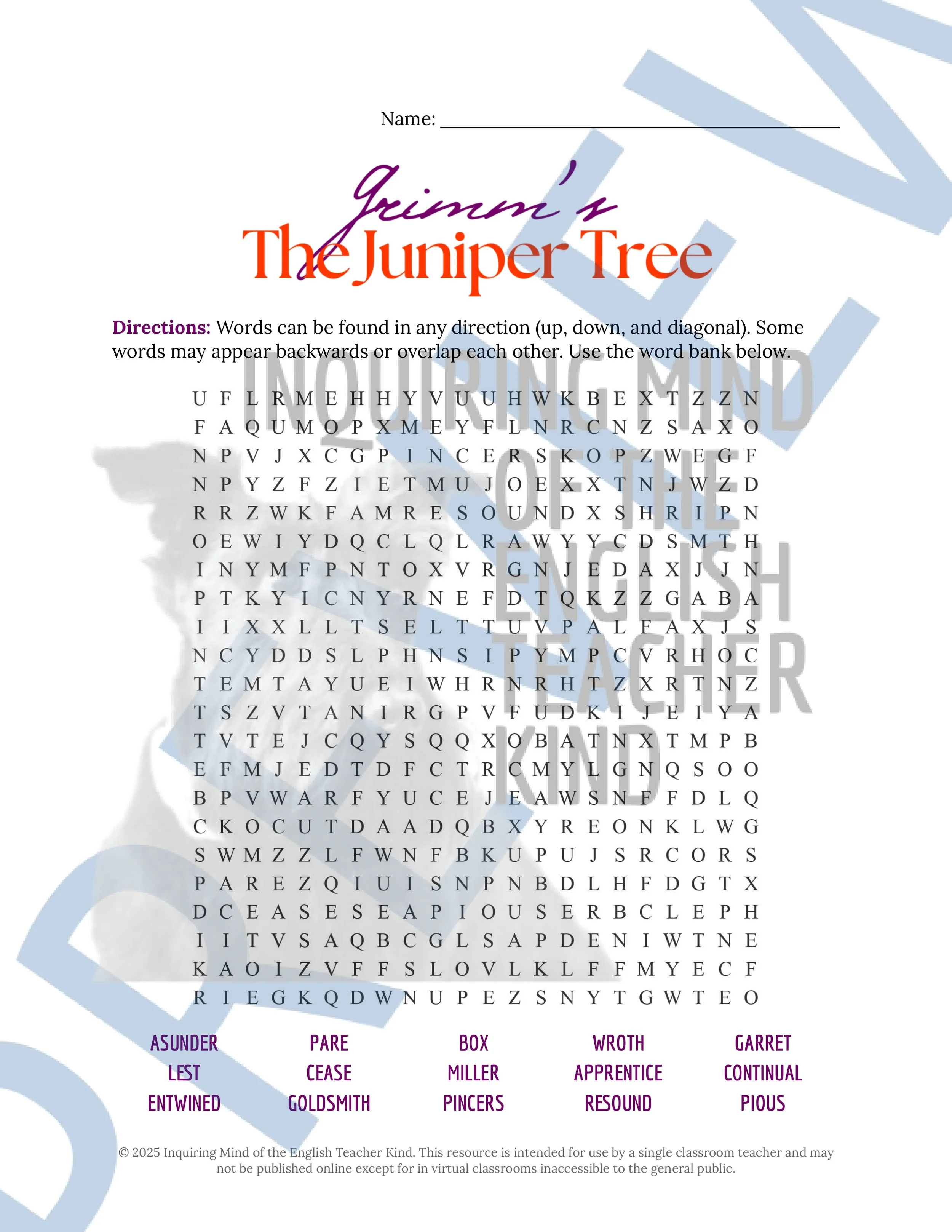 "The Juniper Tree" Quiz, Worksheets, and Vocabulary Games (Grimm's Fairy Tale) from Inquiring Mind of the English Teacher Kind
