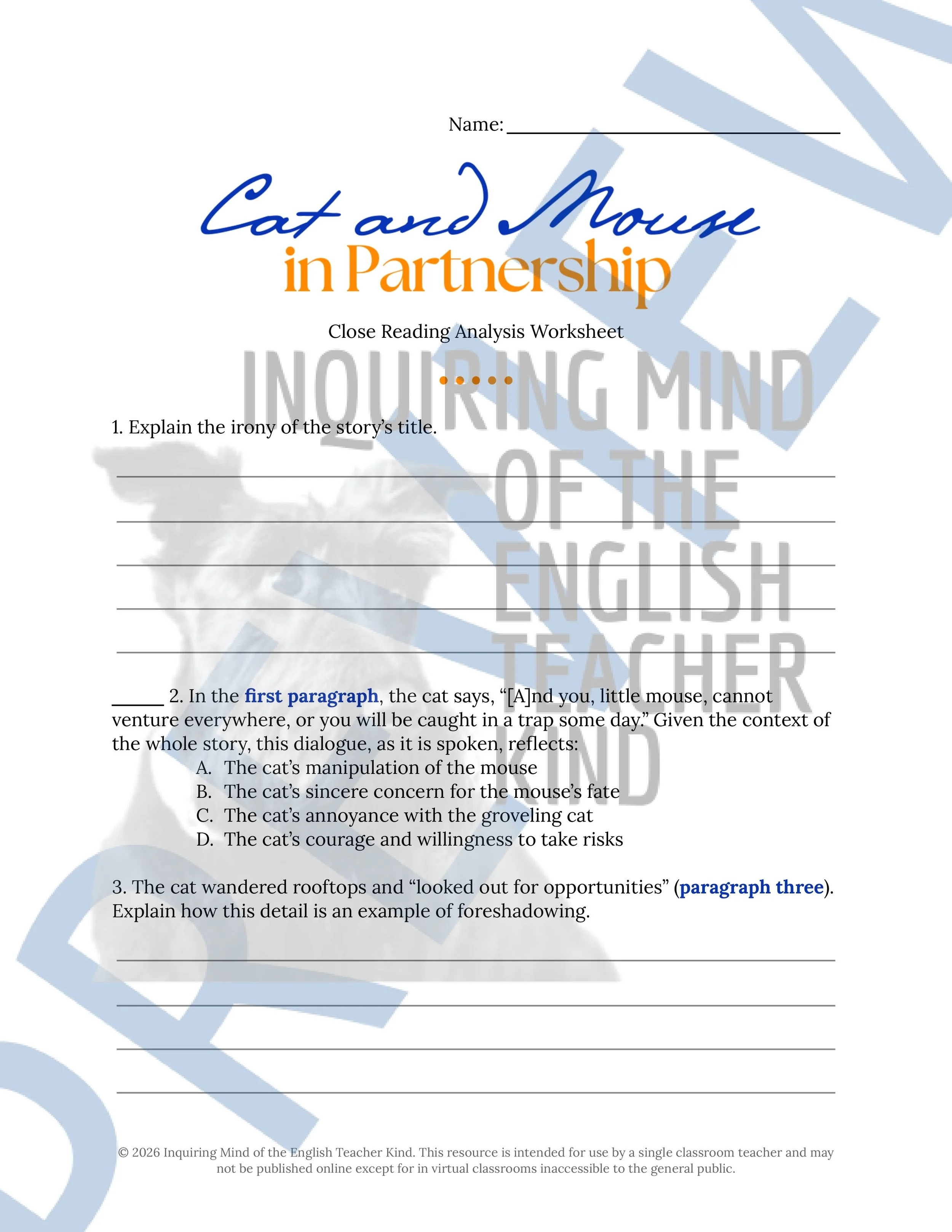 Cat and Mouse in Partnership by the Brothers Grimm Close Reading Analysis Worksheet - Fairy Tale (1).jpg