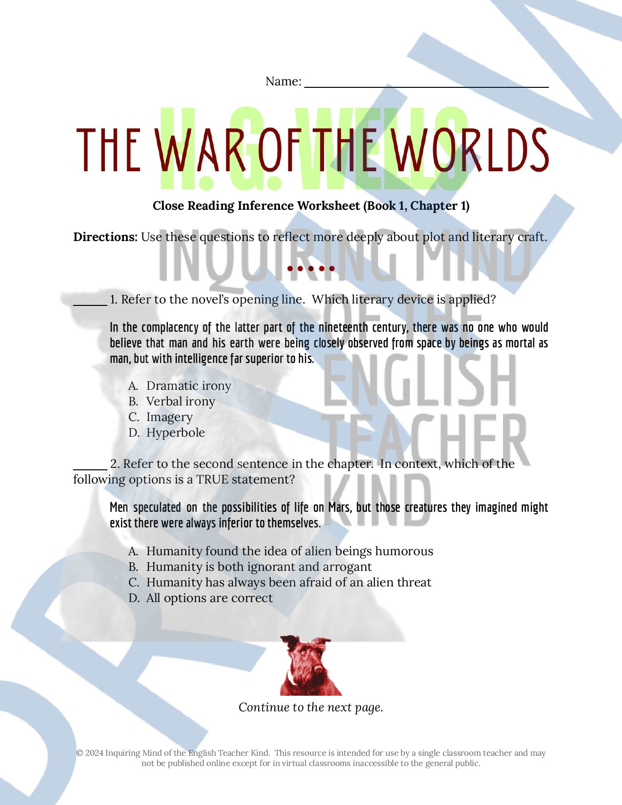 The War of the Worlds by H. G. Wells Close Reading Analysis Worksheets and Answer Keys for High School
