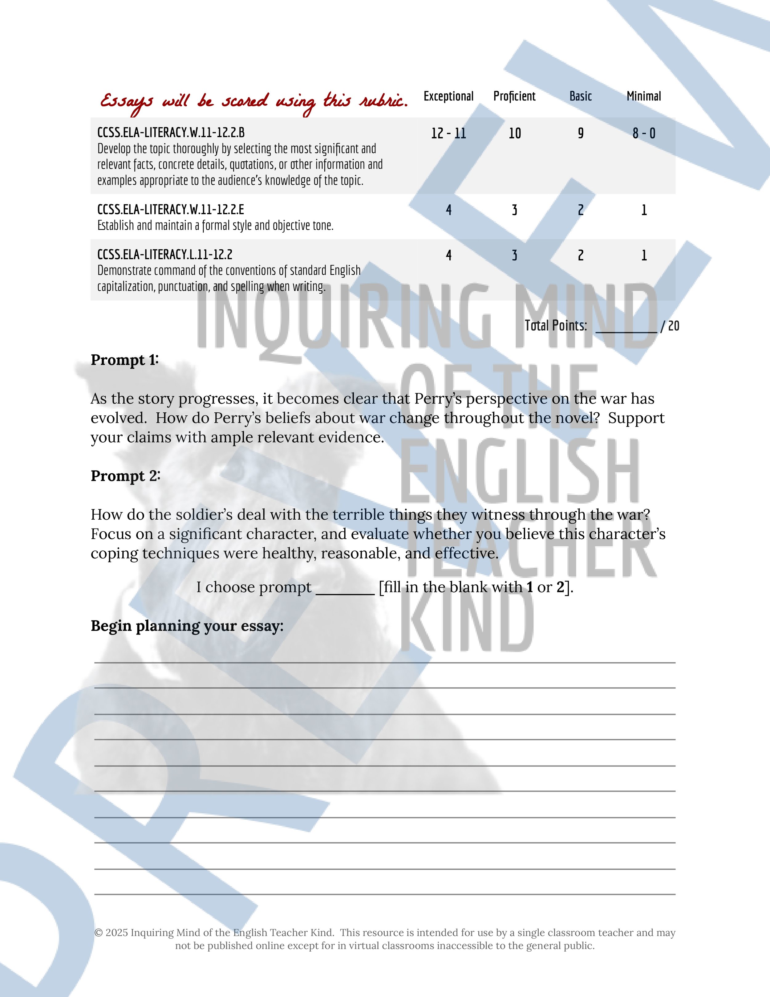 Fallen Angels by Walter Dean Myers Test and Answer Key with a Study Guide for High School English Language Arts from Inquiring Mind of the English Teacher Kind