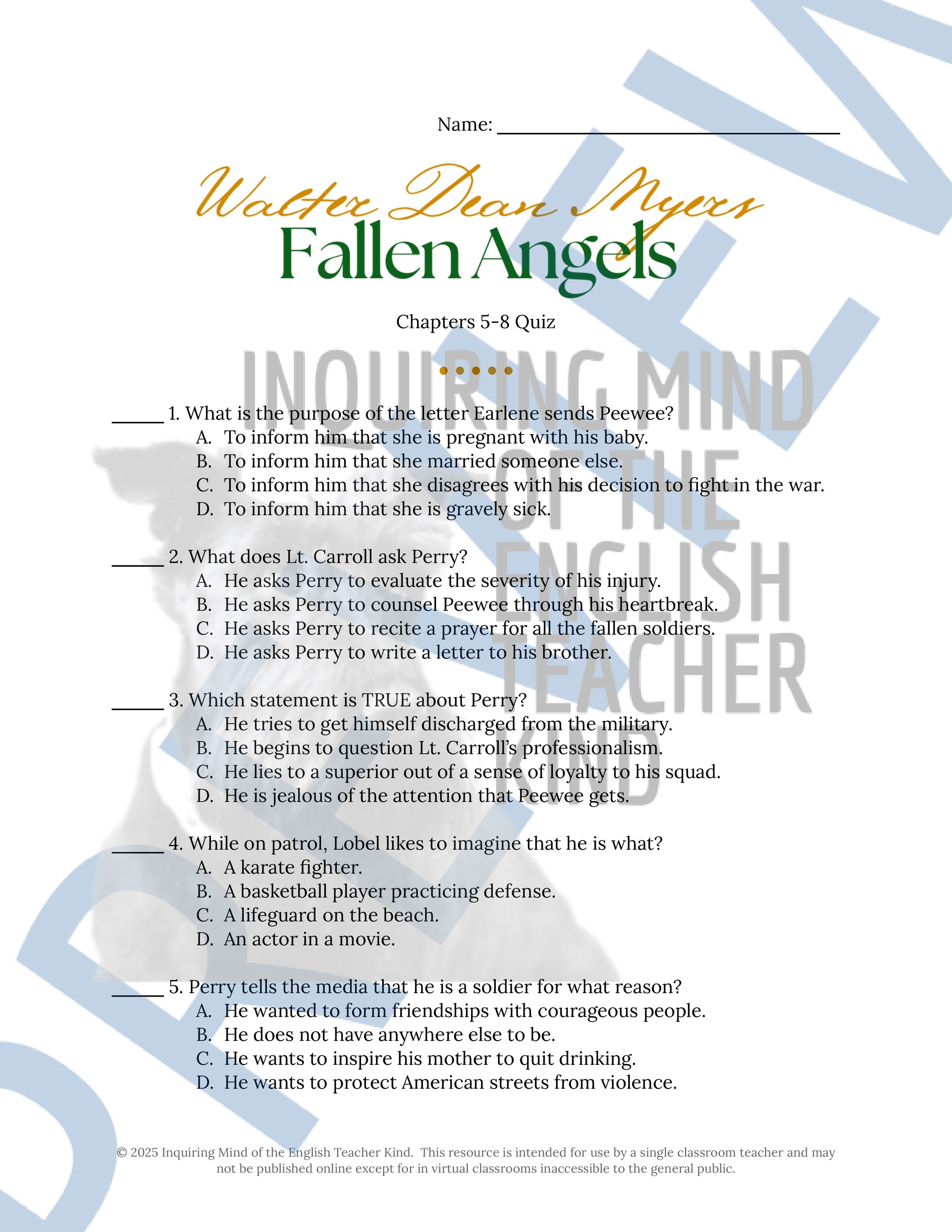 Fallen Angels Quizzes, Worksheets, Research Project, Test, and Answer Keys Mega Bundle from Inquiring Mind of the English Teacher Kind