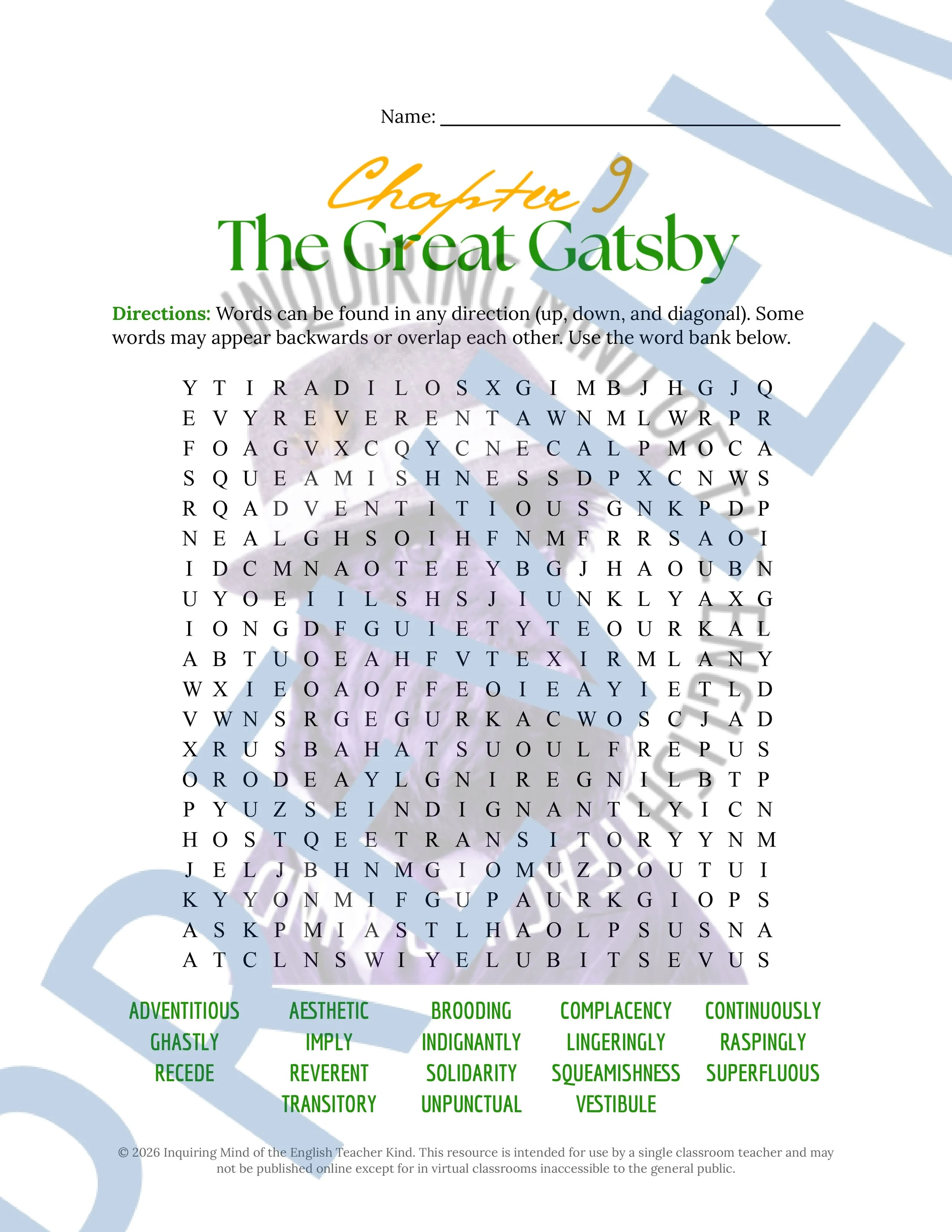 The Great Gatsby Chapter 9 Vocabulary Activities for High School American Literature - Crossword Puzzle and Word Search (4).jpg