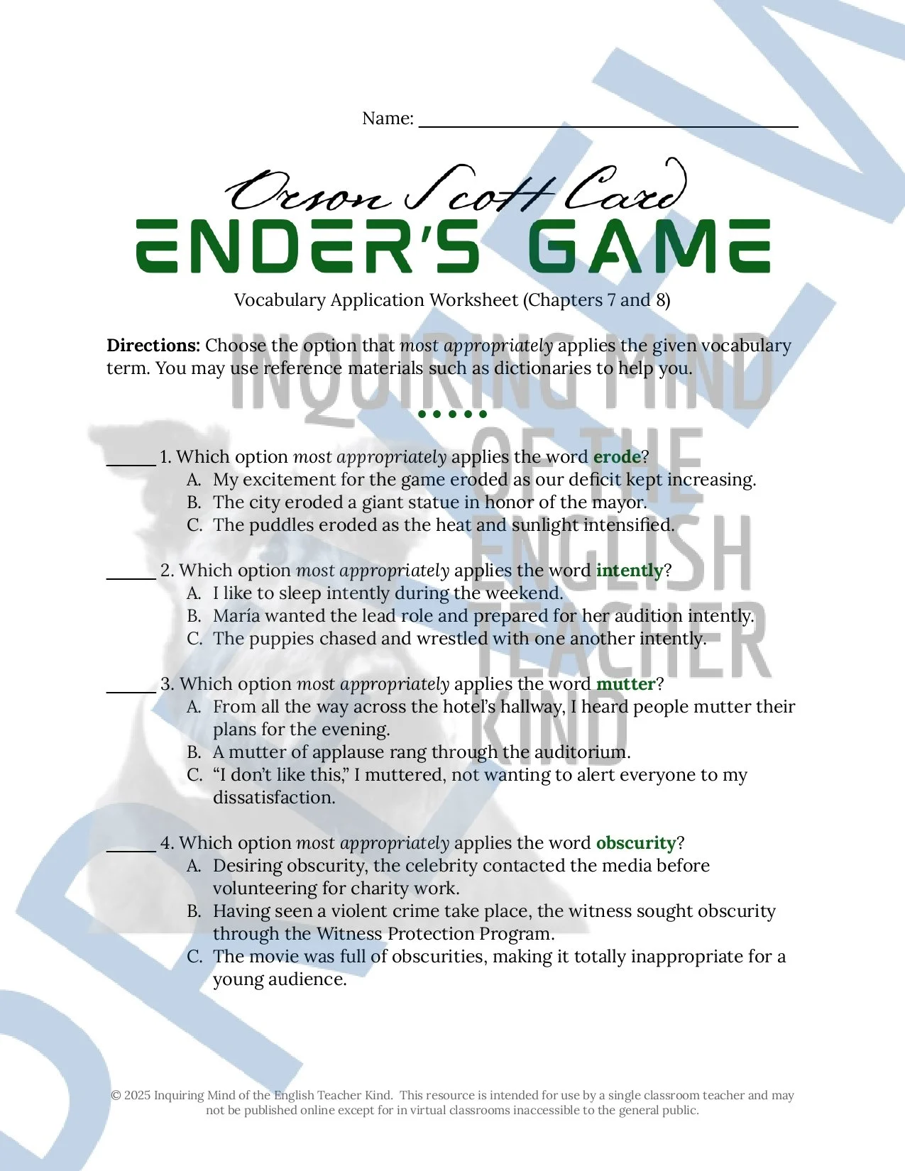 Ender #39 s Game by Orson Scott Card Vocabulary Games Bundle for High
