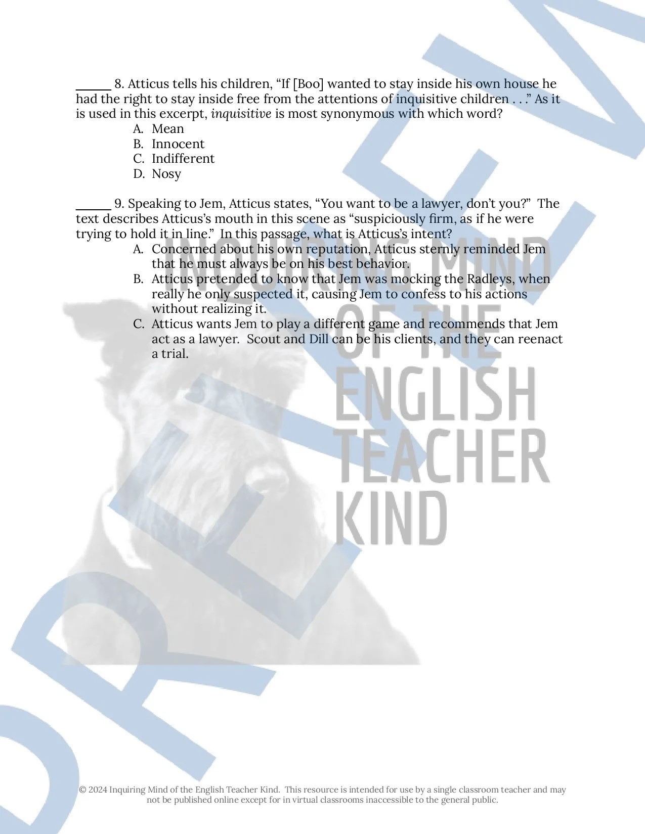 To Kill a Mockingbird Close Reading Analysis Worksheets Bundle with Answer Keys for High School English Language Arts