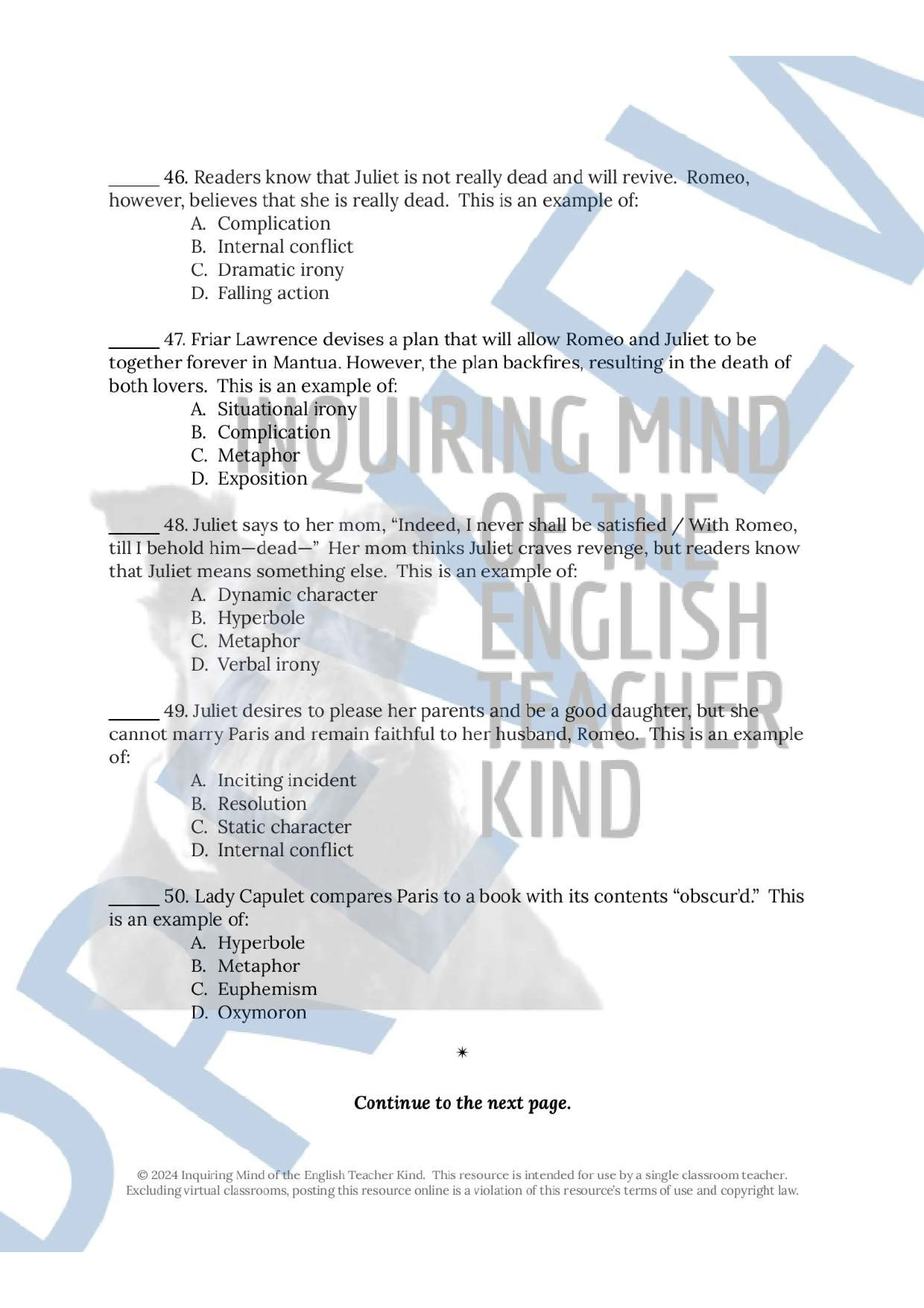 Romeo and Juliet Test and Answer Key for High School by Inquiring Mind of the English Teacher Kind