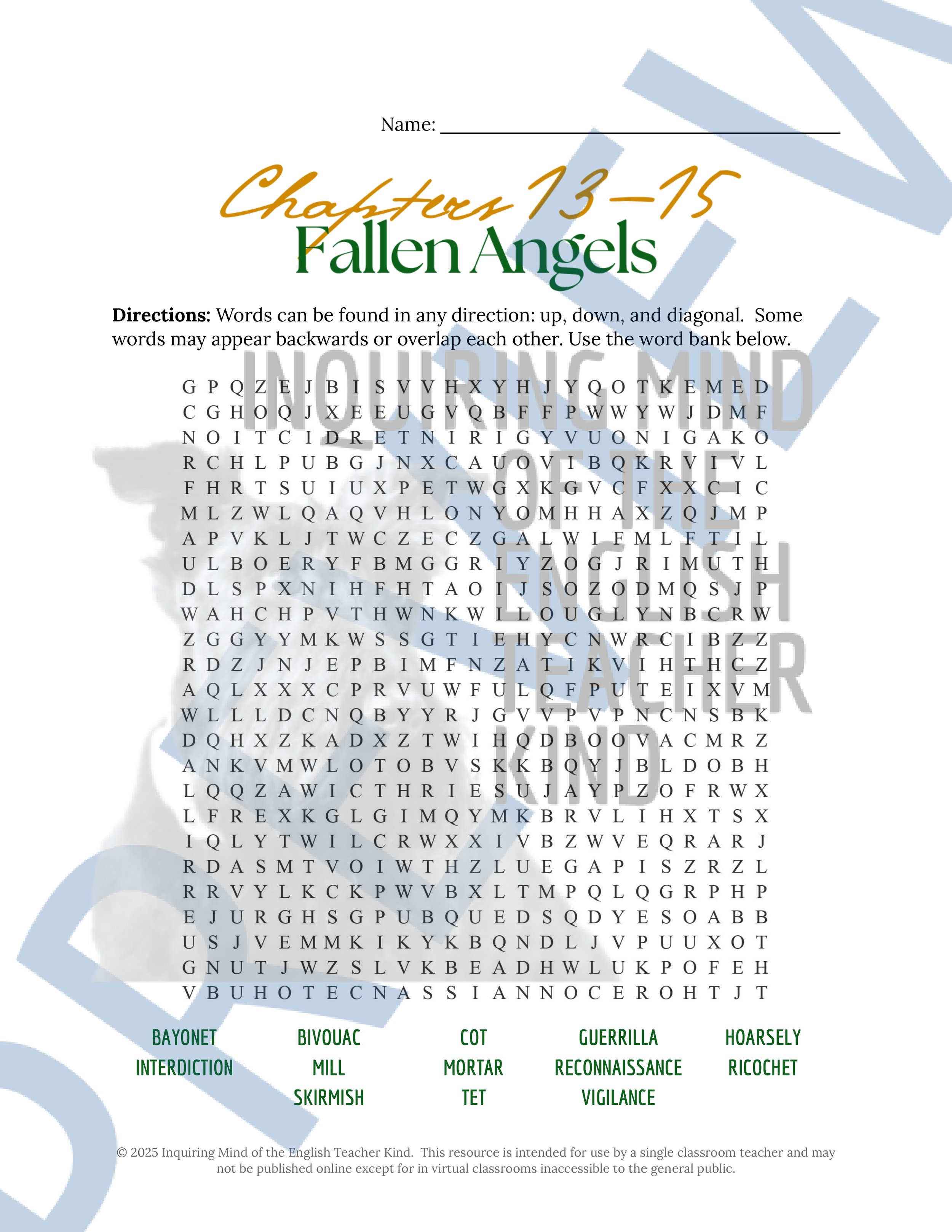 Fallen Angels Quizzes, Worksheets, Research Project, Test, and Answer Keys Mega Bundle from Inquiring Mind of the English Teacher Kind