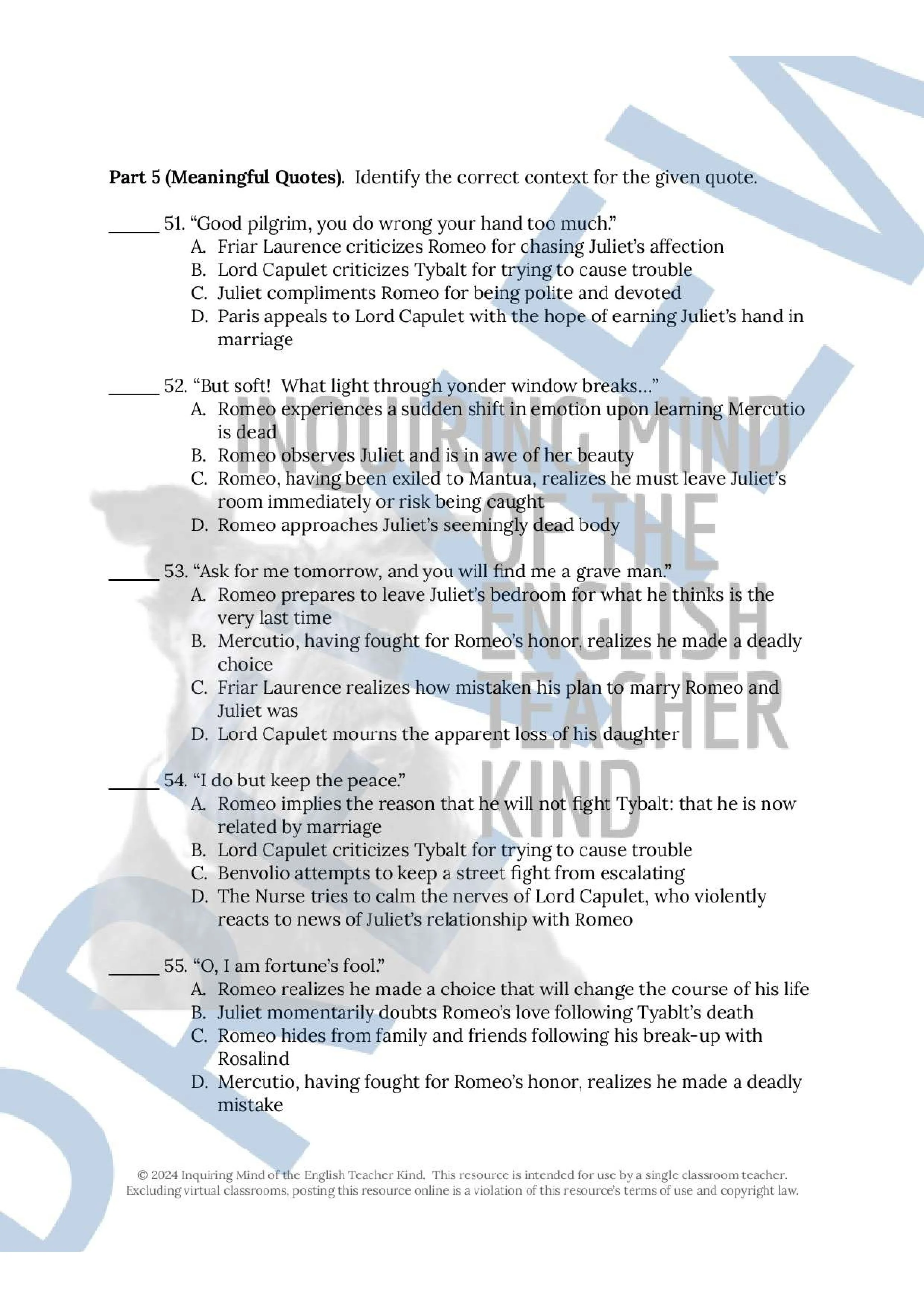 Romeo and Juliet Reading Guides, Vocabulary Games, Quizzes, Inference Worksheets, and Test