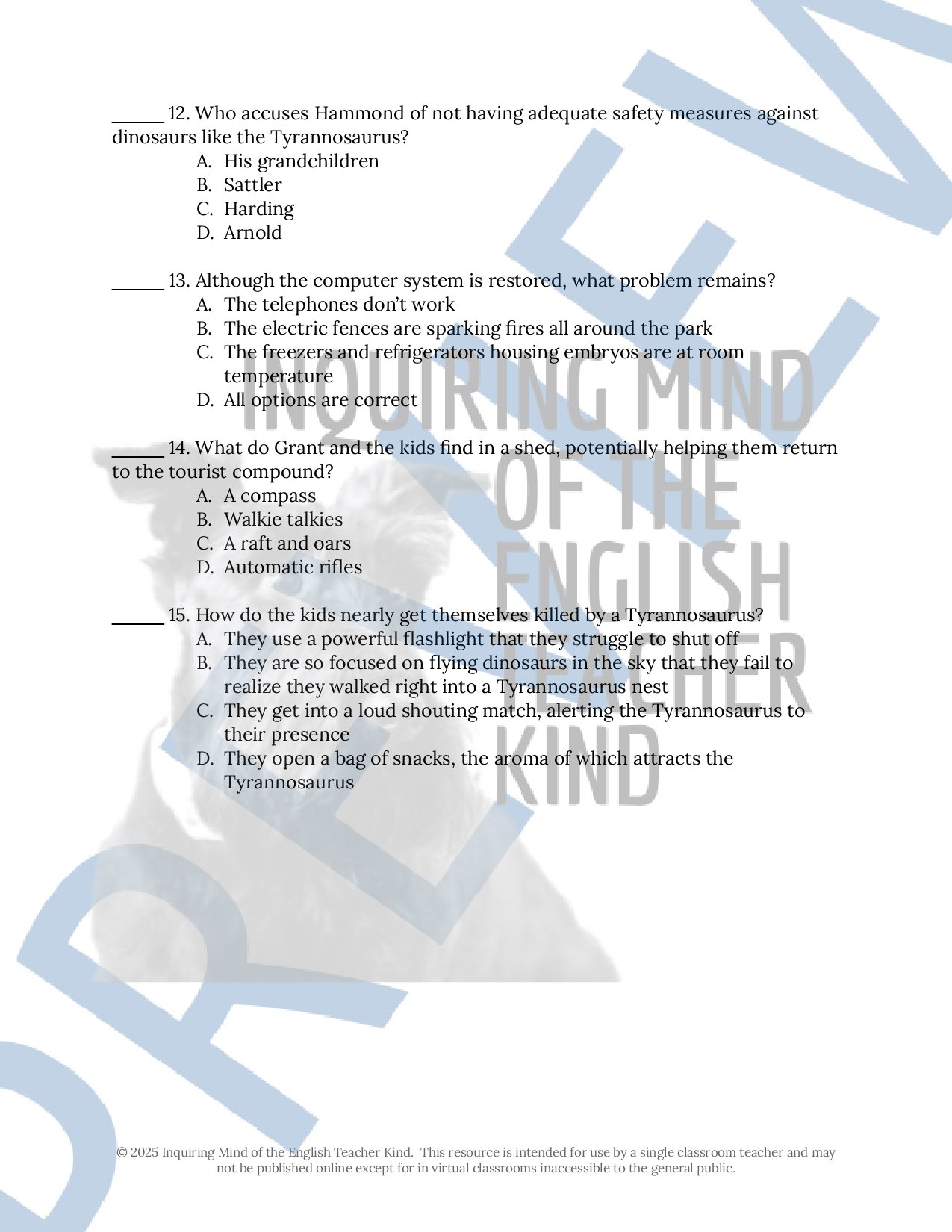 Jurassic Park by Michael Crichton Quizzes, Close Reading Analysis Worksheets, Vocabulary Games, Research Project, Test, and Answer Keys for High School from Inquiring Mind of the English Teacher Kind