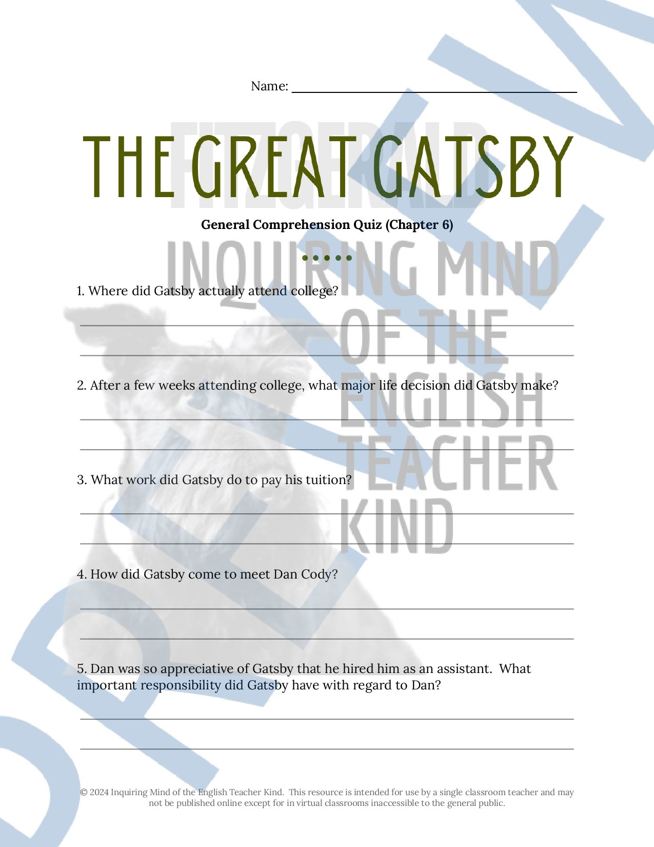 The Great Gatsby by F. Scott Fitzgerald Chapter 6 Quiz, Inference Worksheet, and Vocabulary Games for High School