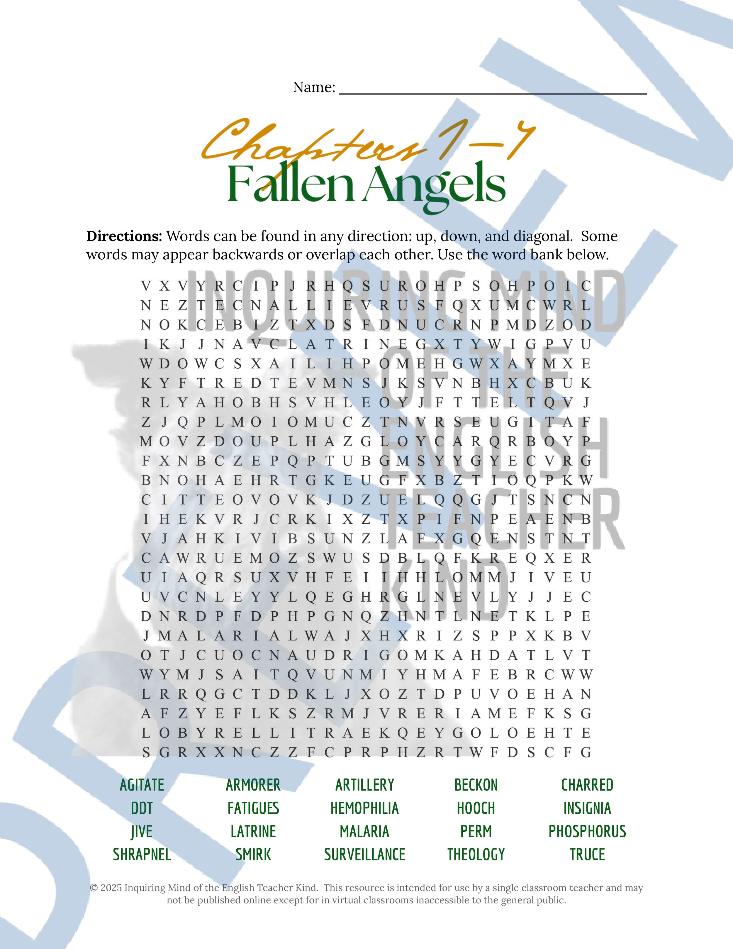 Fallen Angels by Walter Dean Myers Vocabulary Activities Bundle for High School from Inquiring Mind of the English Teacher Kind