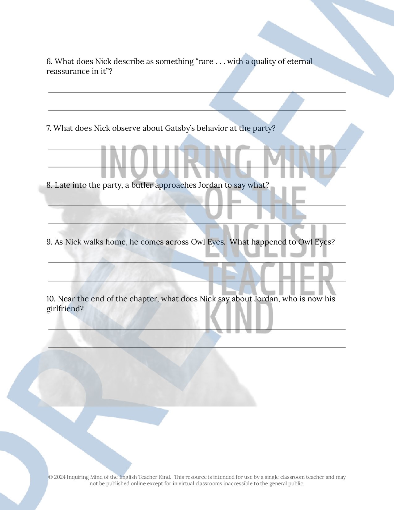 The Great Gatsby by F. Scott Fitzgerald Chapter 3 Quiz, Inference Worksheet, and Vocabulary Games for High School