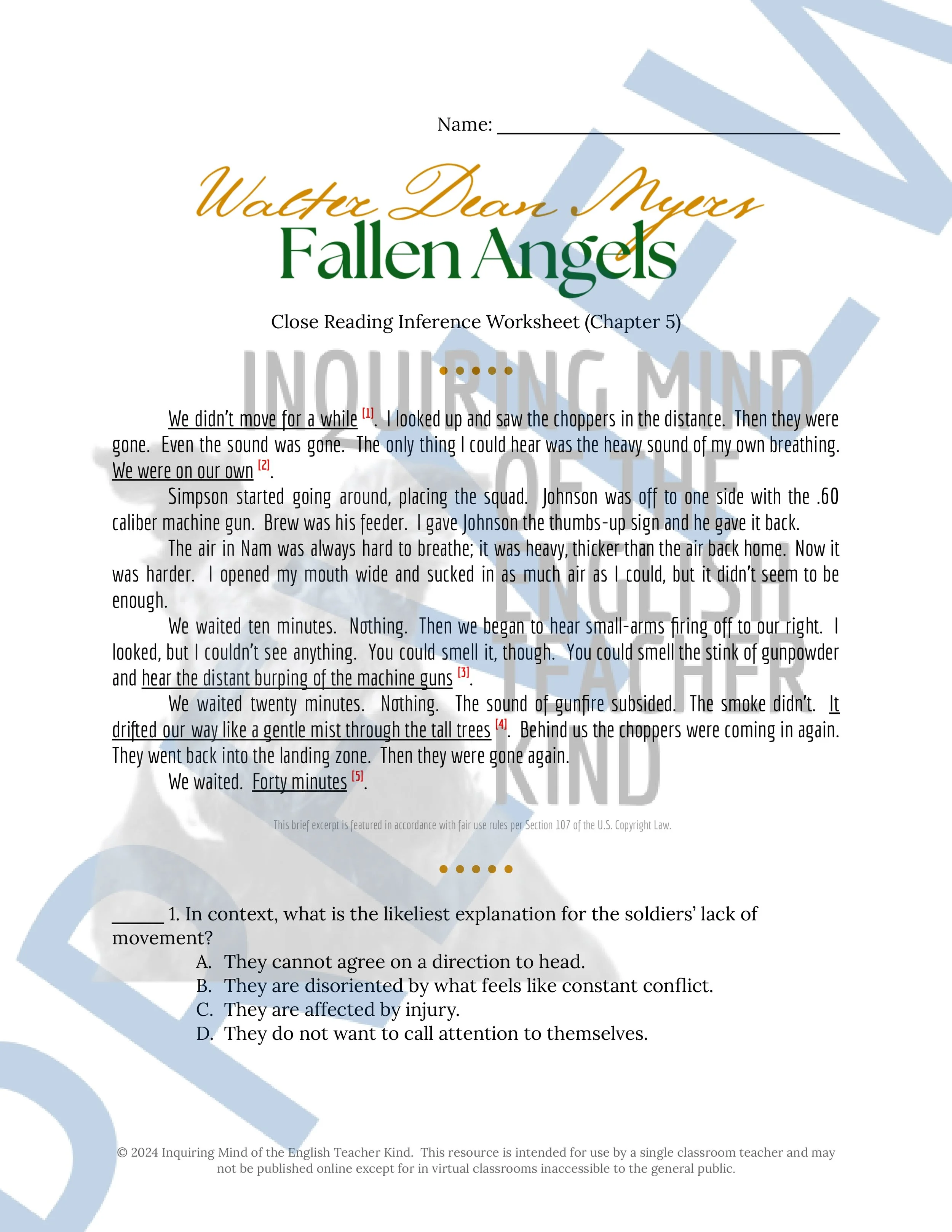 Fallen Angels by Walter Dean Myers Close Reading Analysis Worksheets Bundle for High School English Language Arts from Inquiring Mind of the English Teacher Kind