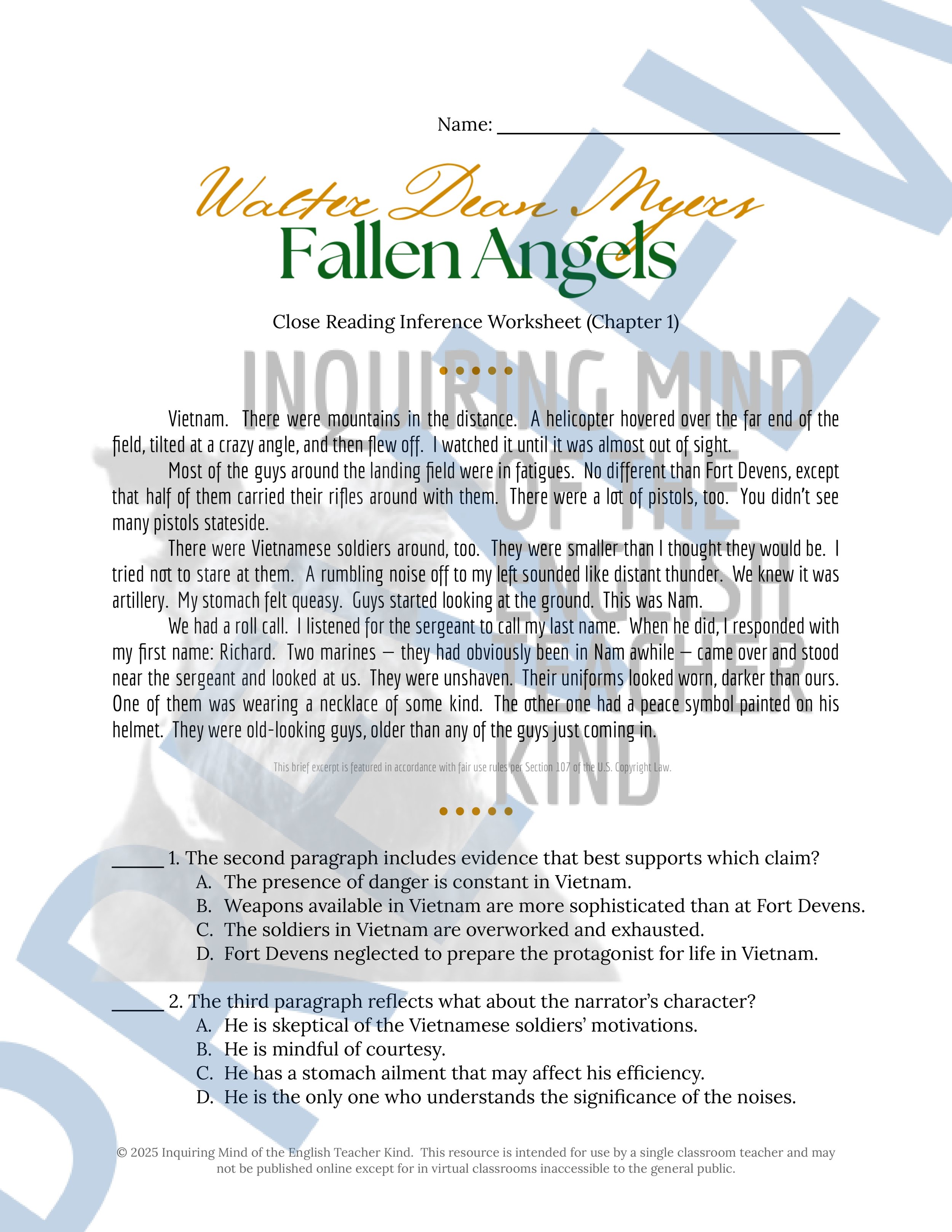 Fallen Angels Quizzes, Worksheets, Research Project, Test, and Answer Keys Mega Bundle from Inquiring Mind of the English Teacher Kind