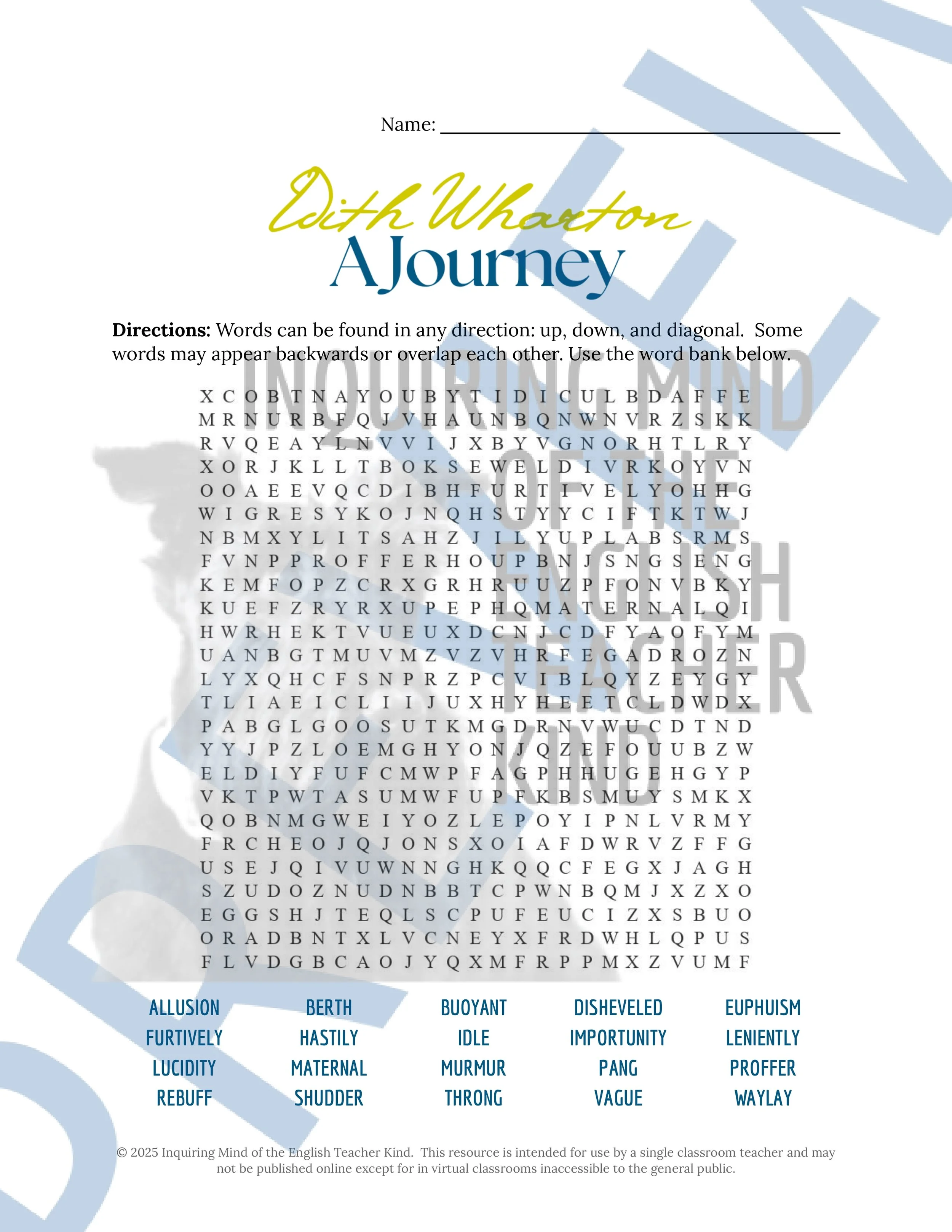 "A Journey" by Edith Wharton Quiz, Analysis Worksheets, Vocabulary Games, and Answer Keys for High School from Inquiring Mind of the English Teacher Kind