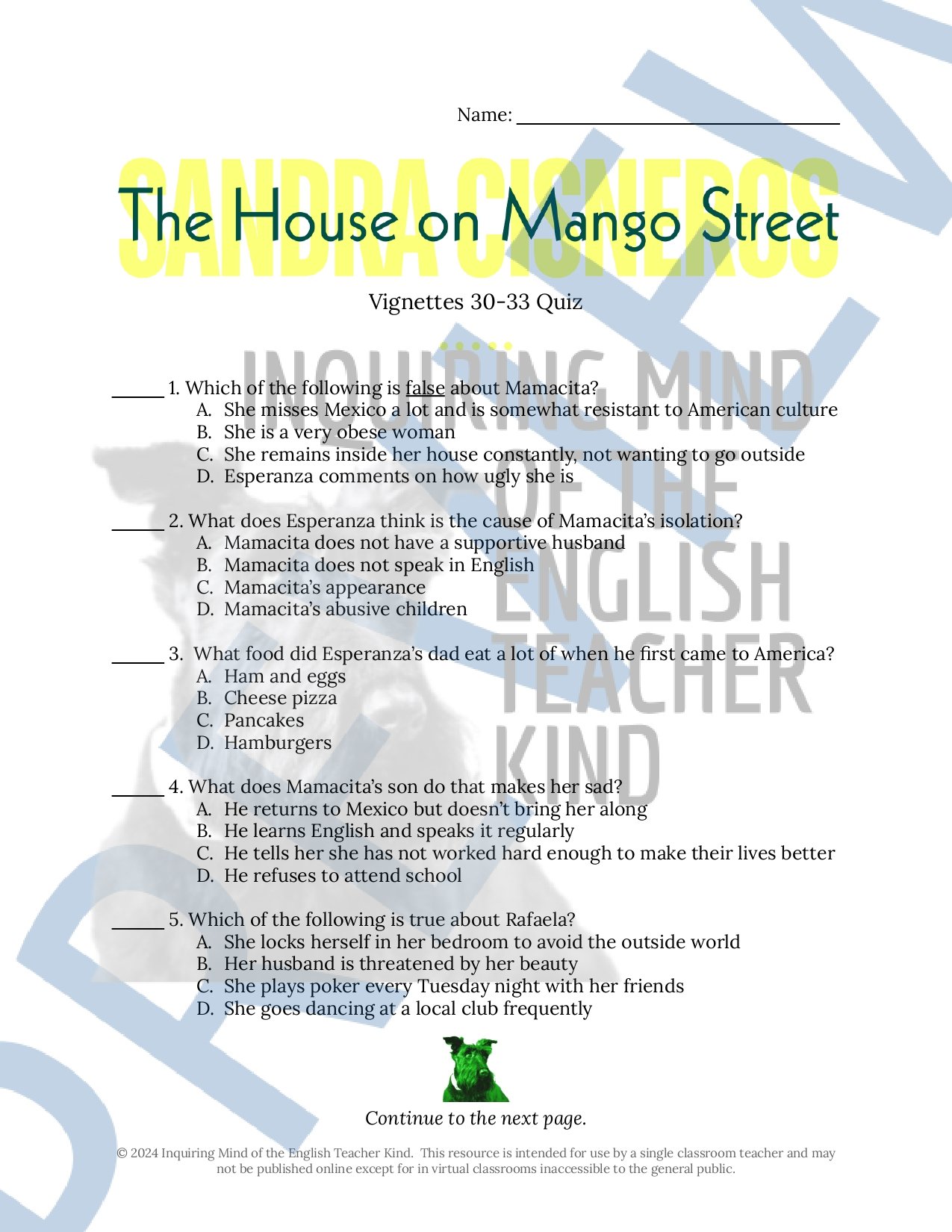 The House on Mango Street by Sandra Cisneros Quiz and Answer Key (Vignettes 30-33)