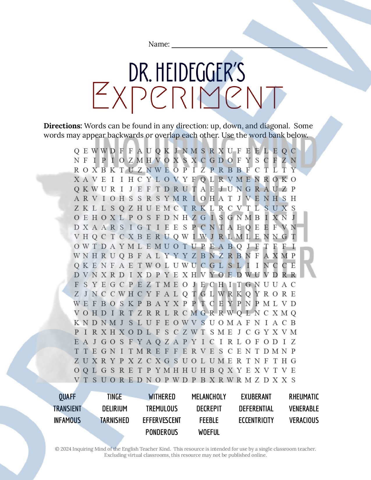"Dr. Heidegger's Experiment" Quiz, Inference Worksheet, and Vocabulary Games from Inquiring Mind of the English Teacher Kind