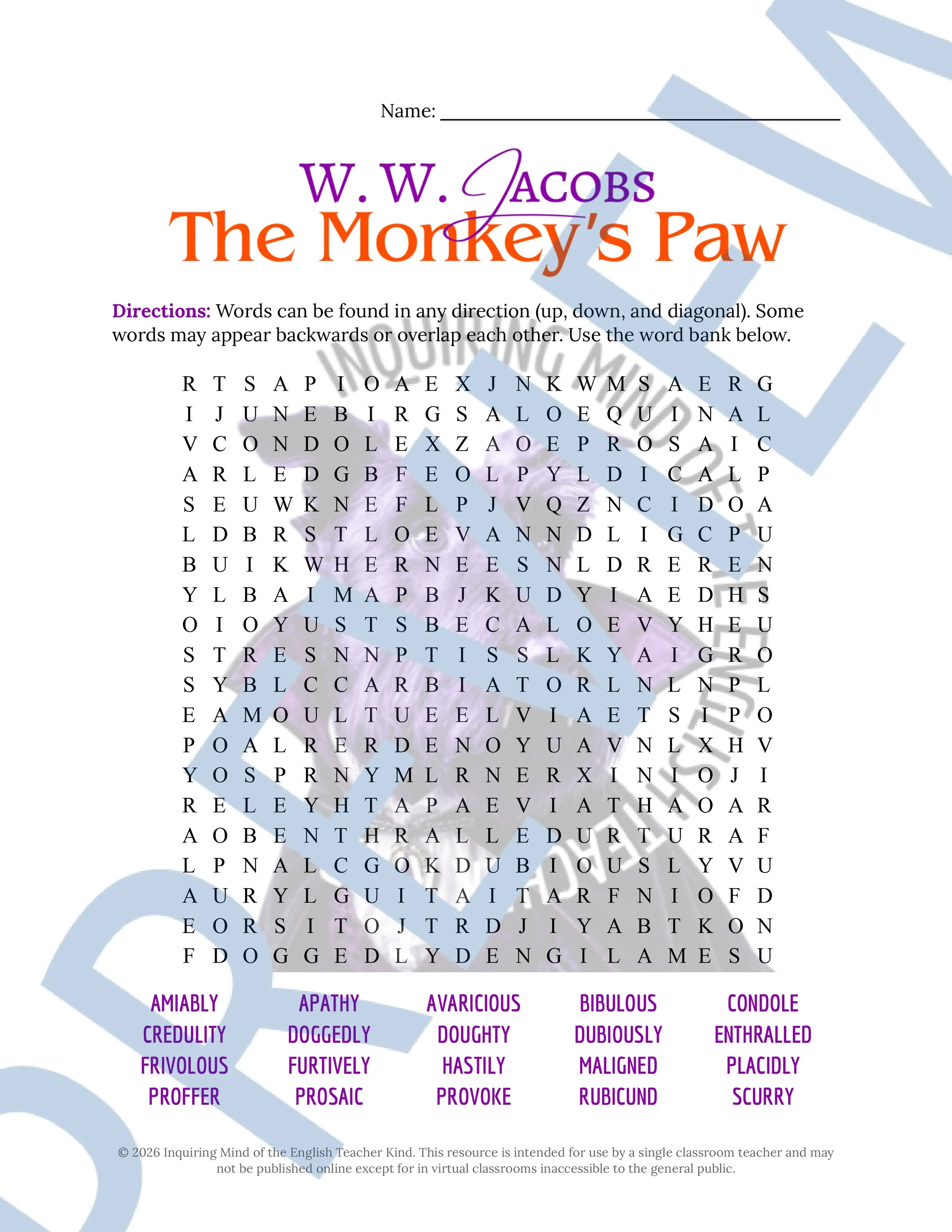 The Monkey's Paw by W. W. Jacobs Vocabulary Activities (4).jpg