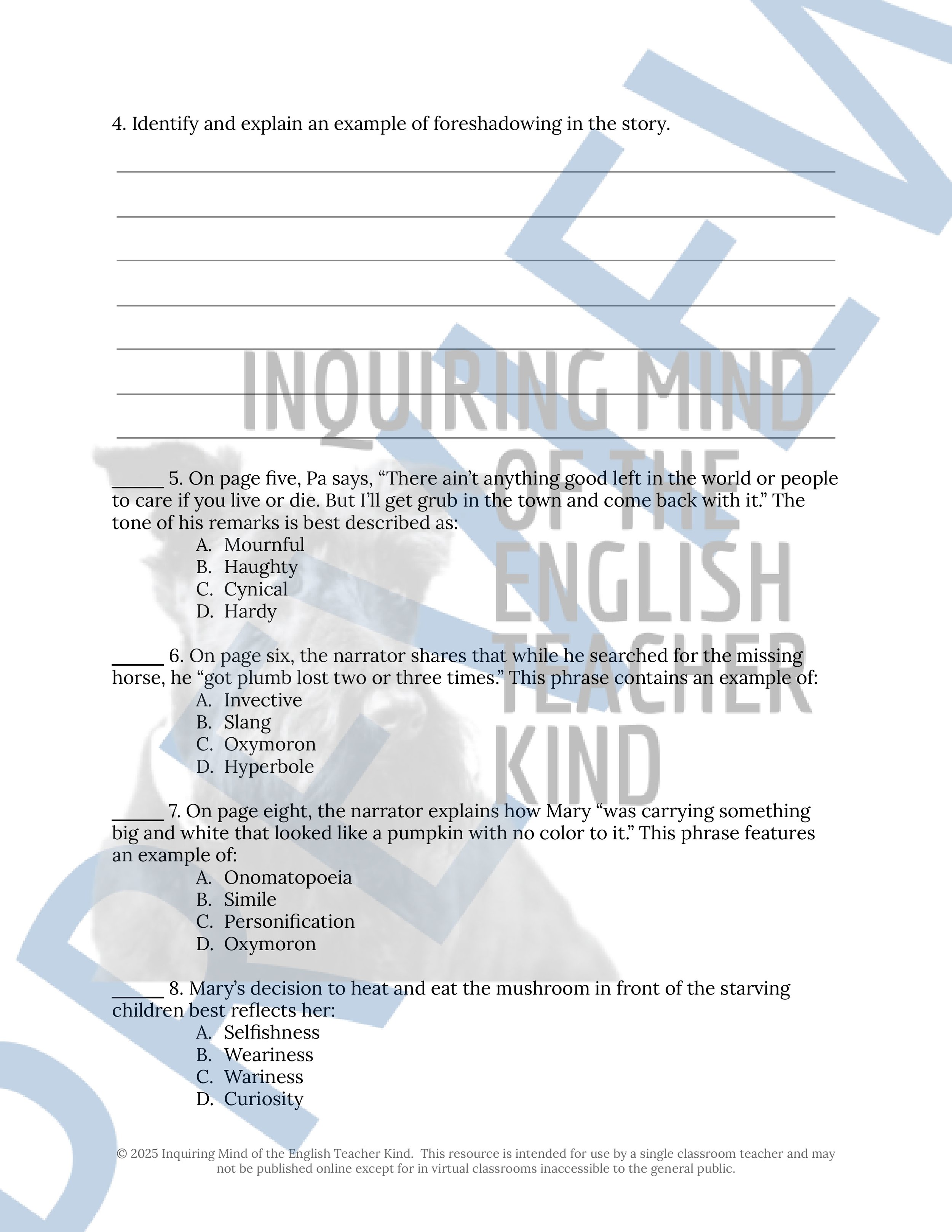 "Too Soon a Woman" by Dorothy Johnson Quiz, Close Reading Analysis Worksheet, Vocabulary Activities, and Answer Keys for High School from Inquiring Mind of the English Teacher Kind