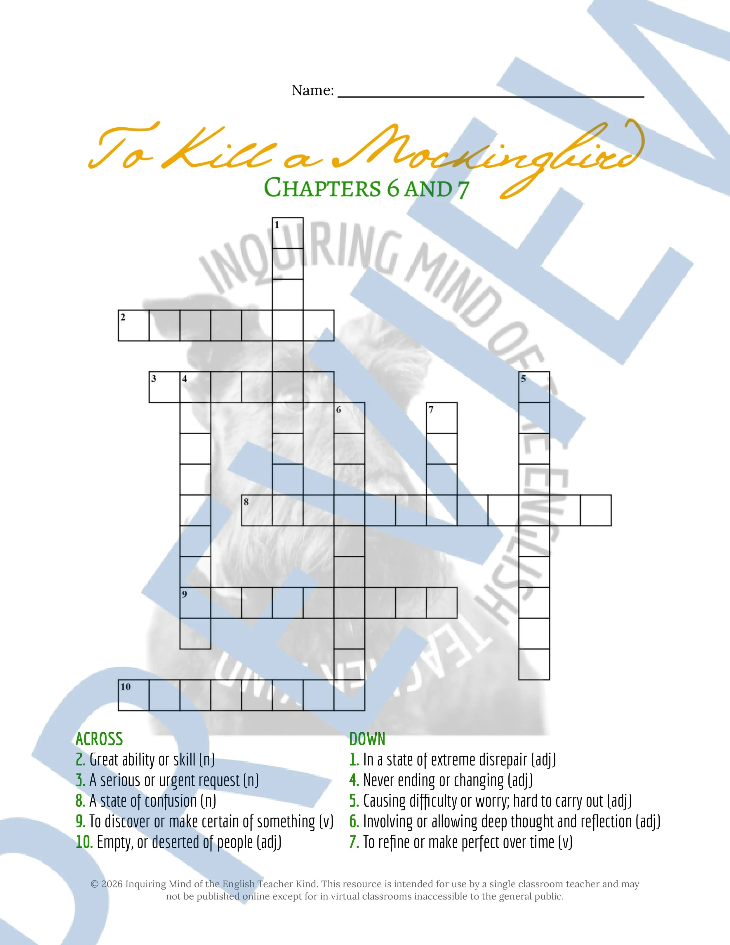 To Kill a Mockingbird Chapters 6 and 7 Vocabulary Worksheet, Crossword Puzzle, and Word Search Game for High School ELA (3).jpg