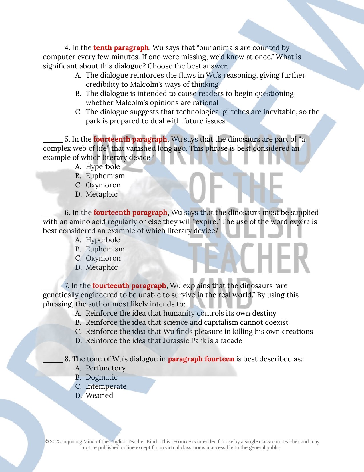 Jurassic Park by Michael Crichton Close Reading Analysis Worksheets and Answer Keys Bundle for High School from Inquiring Mind of the English Teacher Kind