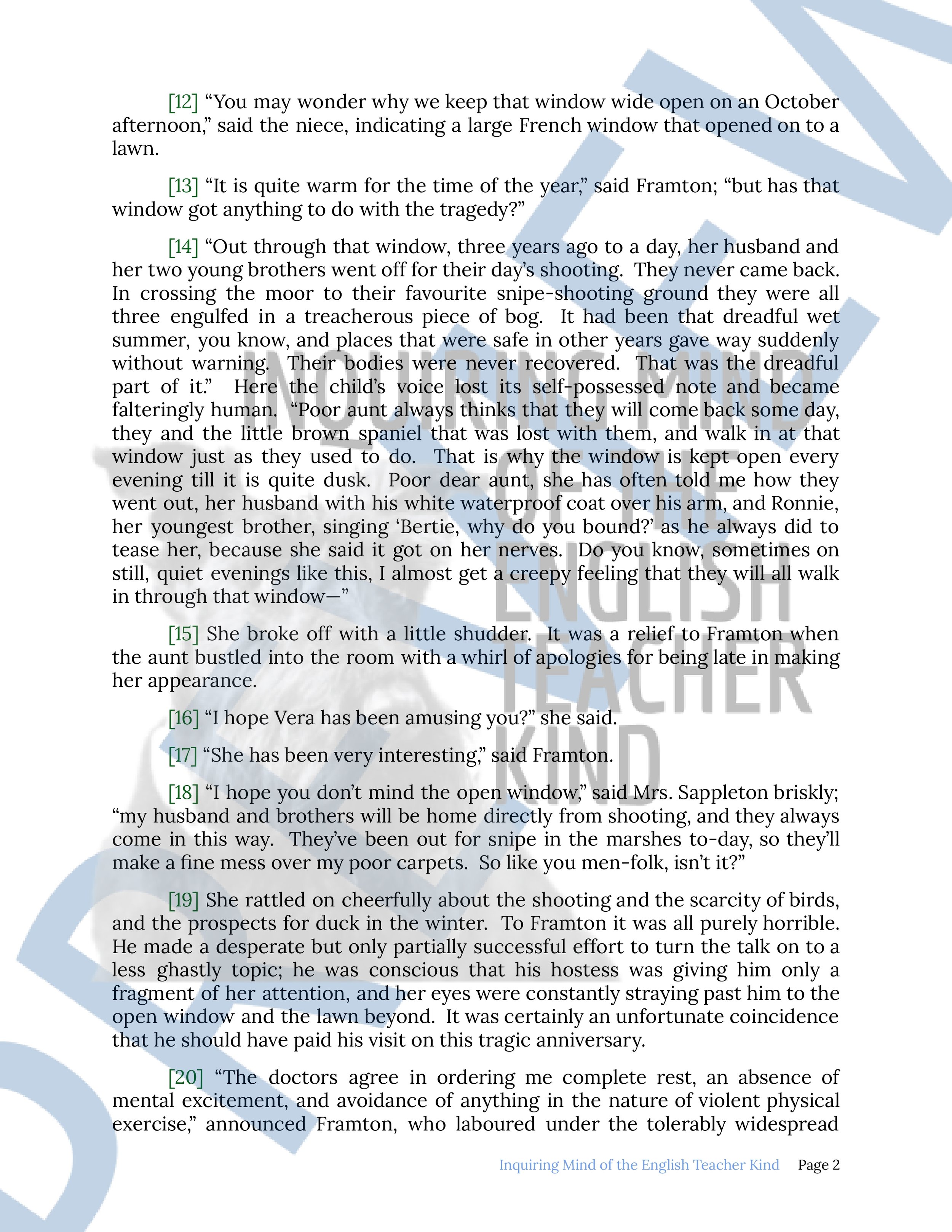 "The Open Window" by Saki Quiz, Close Reading Analysis Worksheet, Vocabulary Games, Emergency Lesson Plans, and Answer Keys for High School from Inquiring Mind of the English Teacher Kind